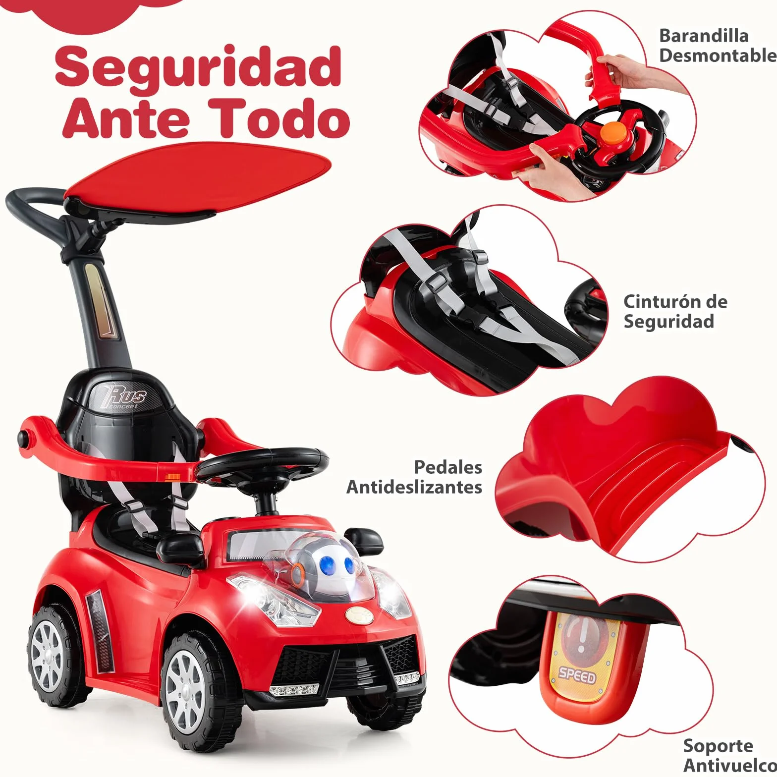 COSTWAY Coche Correpasillo 3 en 1 para Niños, Coche Empujable con Manillar, Bocina, Música, Luz y Cinturón de Seguridad, Juguete de Montar con Almacenaje y Manillar Parental (Rojo)