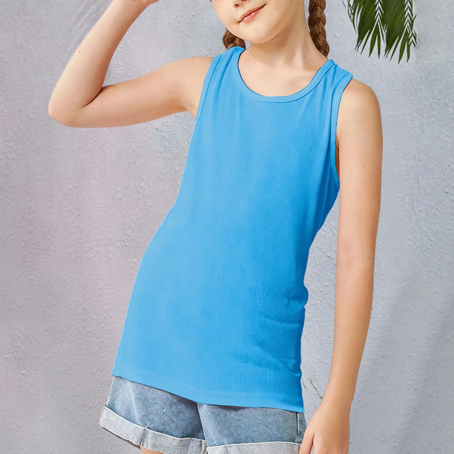 Paquete de 3 camisetas sin mangas para niñas y niños, verano color liso cuello redondo