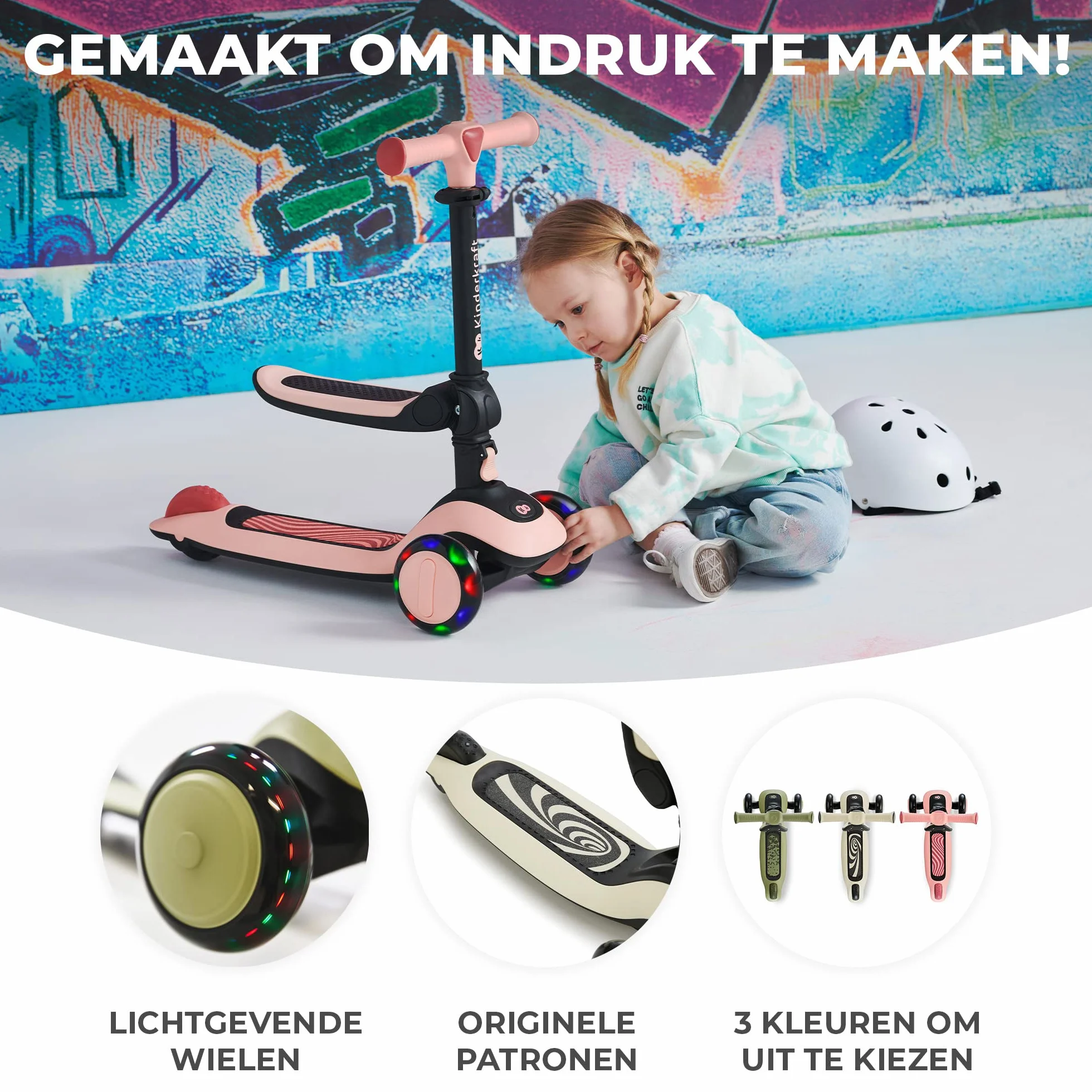 Kinderkraft Halley, Patinete 2 en 1, para Niños, Ajustable, Draisienne, Triciclo, Multifuncional, Bici, 3 Ruedas, LED, De 2 años hasta 50 Kilos, Blanco