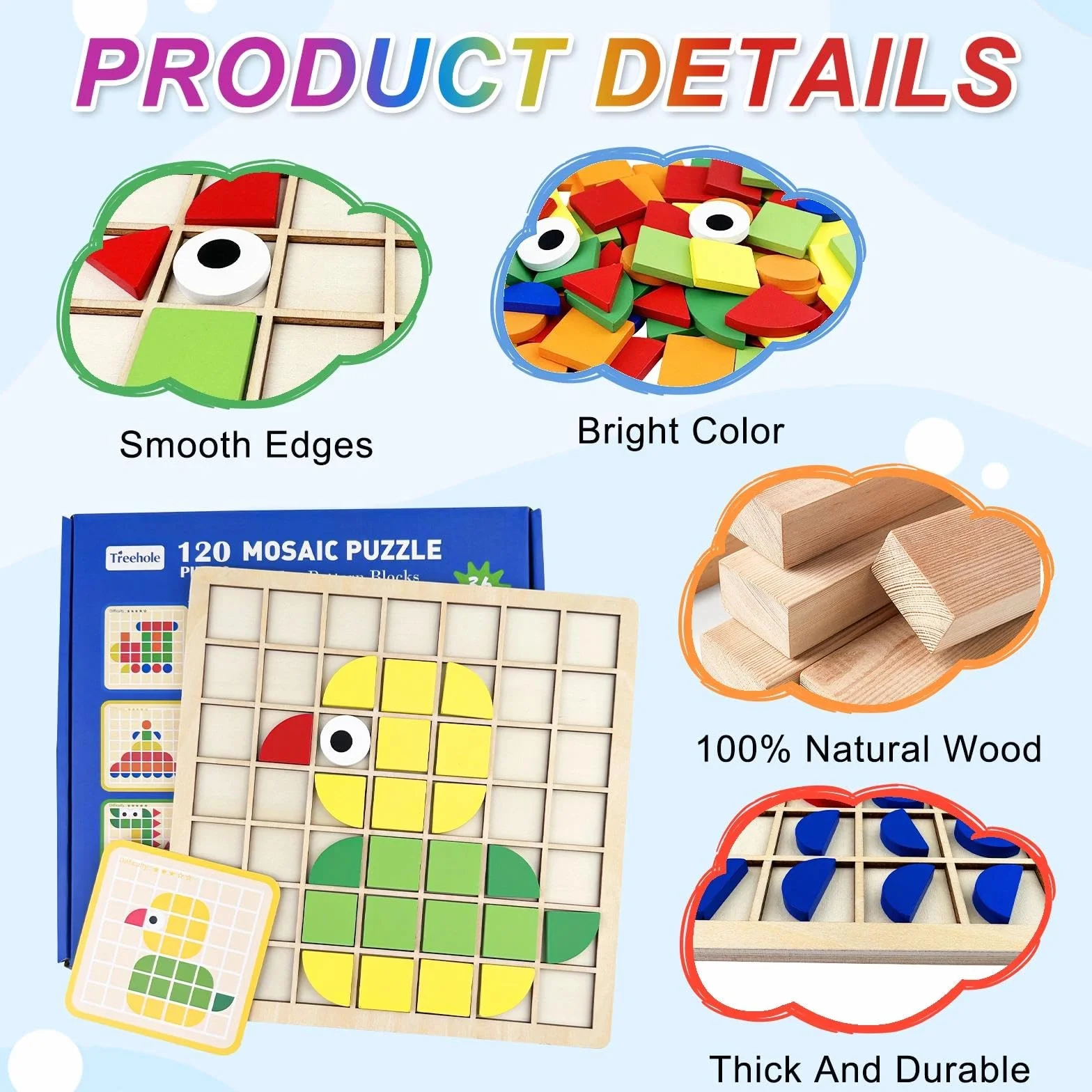 120 Piezas Puzzle de Mosaico Madera con 20 Tarjetas, Rompecabezas con Forma Geométrica, Juguete Puzzles de Tangram, Bloques de Patrones de Madera, Juguetes Montessori Niños 3 4 5 6 Años