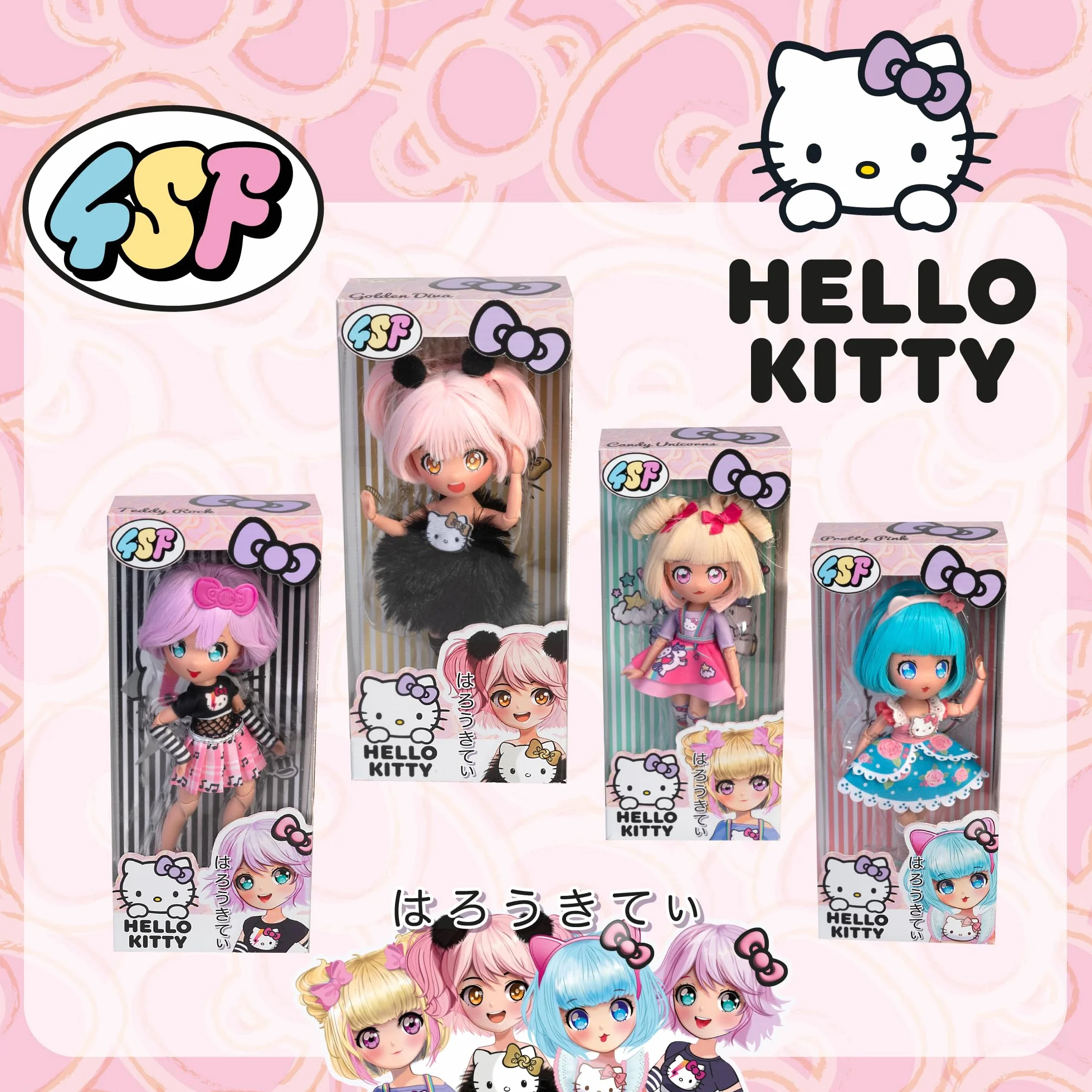 4SF - Hello Kitty Manga Doll Candy Unicorn, Muñeca Fashion Japonesa con Looks a la Moda Manga, Figura de 19,5 cm con 15 Puntos de Articulación, Pelo Rubio, Accesorios Incluidos, Famosa (HKTF0400)