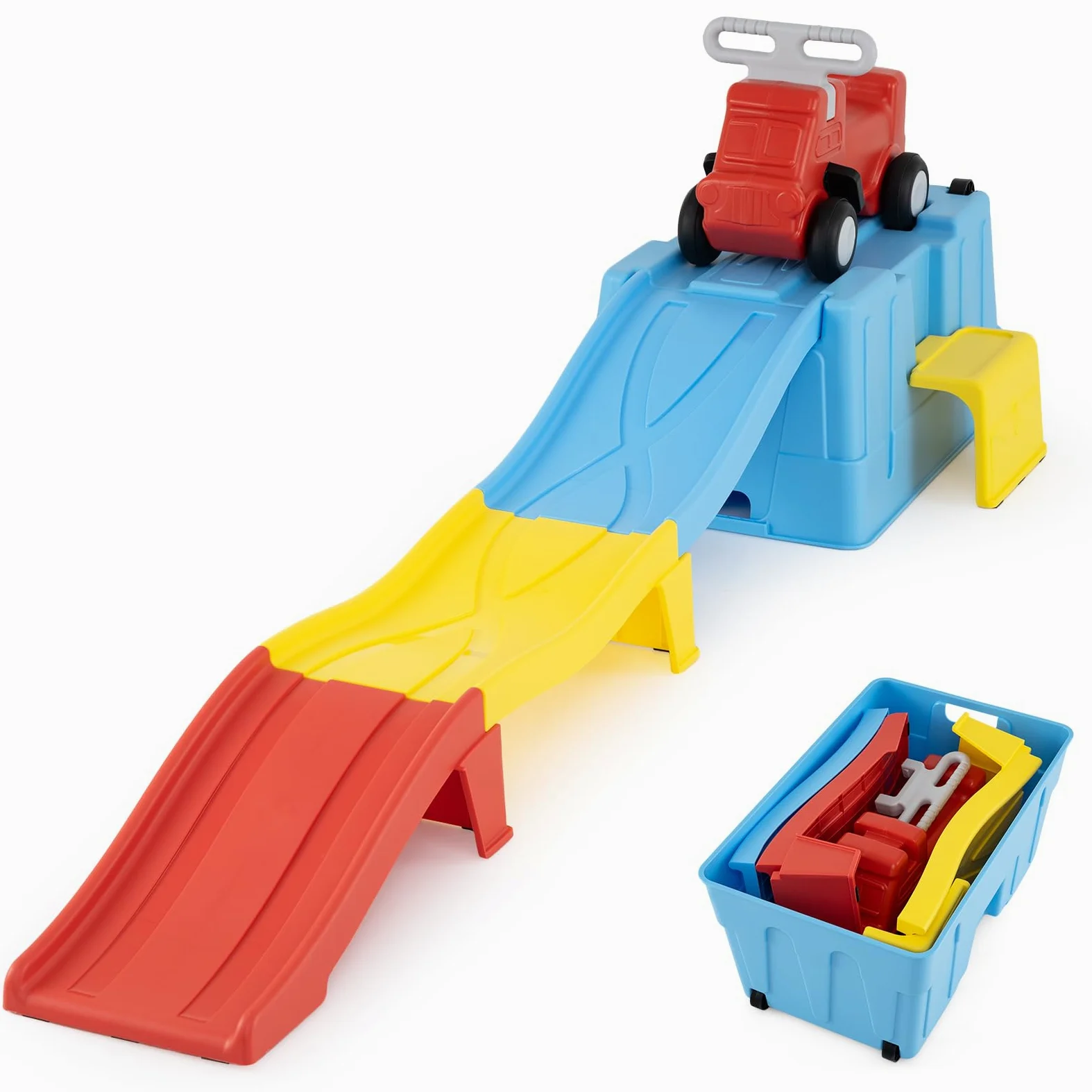 COSTWAY Coche Correpasillos Bebe con Pista en Rampa (Azul) | con Caja de Almacenamiento, Auto a Pedales y Peldaño Ancho, Juguete de Paseo Interior y Exterior para Niños de 3+ Años
