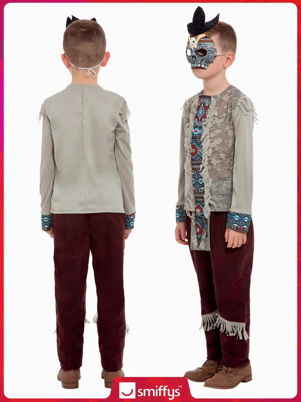 Smiffys Disfraz de indio oscuro, Gris, Parte superior, pantalones y sombrero Halloween, Carnaval