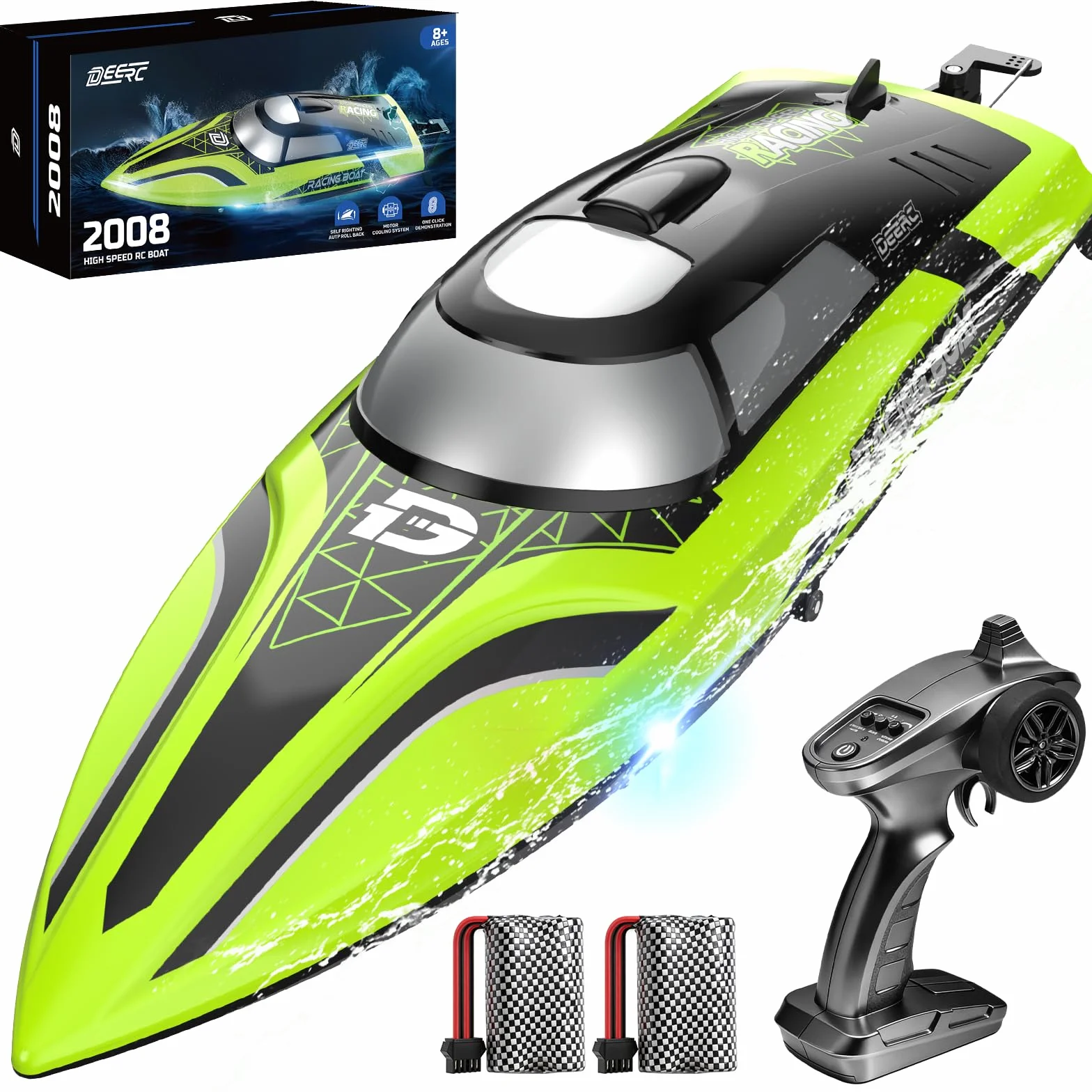 DEERC Barco RC con luz LED, más de 30 Minutos, para Piscinas y Lagos más de 20 mph, Barcos de Carreras de 2,4 GHz, 2 baterías, Juguetes de Piscina para niños, embarcaciones controladas por Radio
