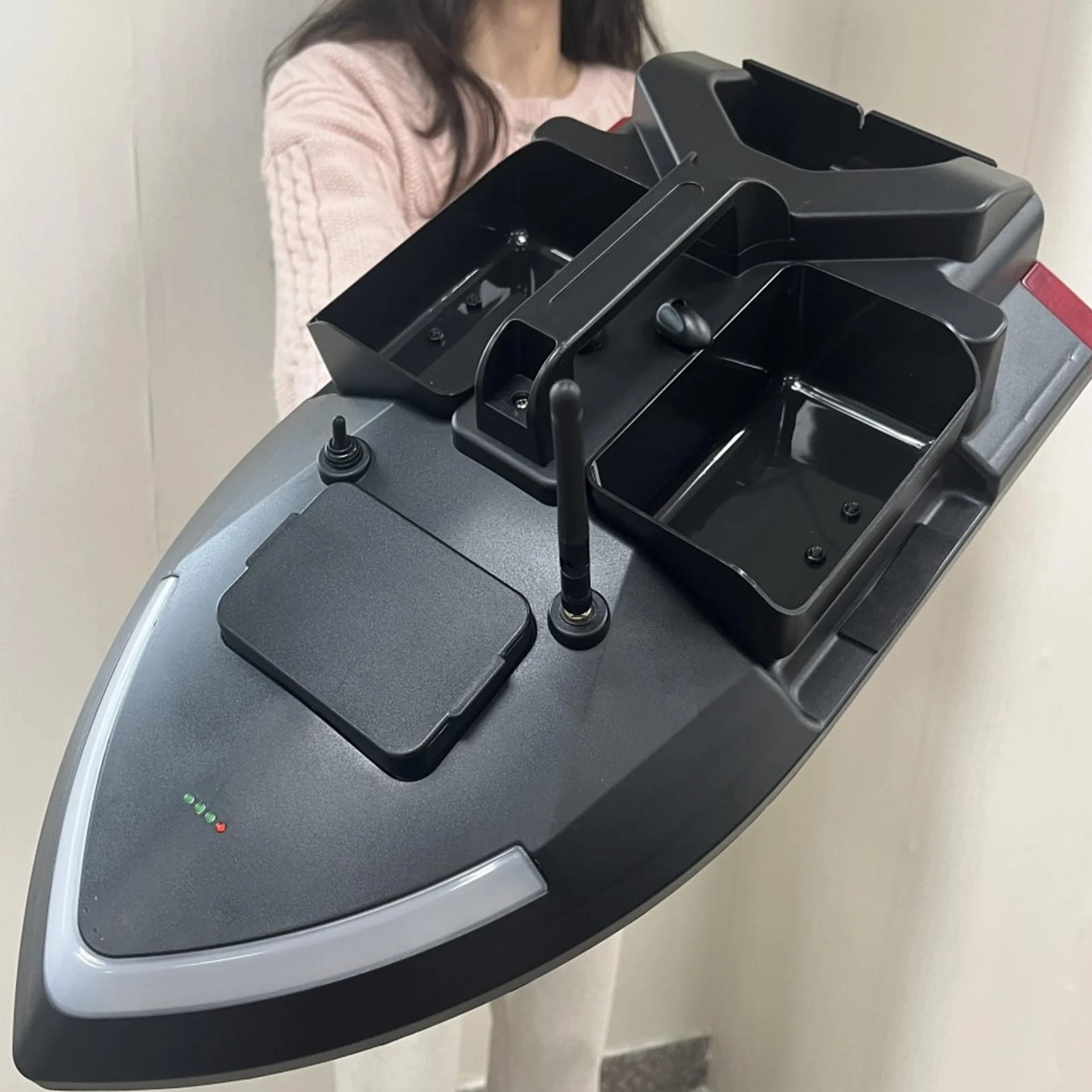 Barco de pesca inteligente GPS RC cebo, crucero automático, doble motor, tres tolvas, gran capacidad, luz nocturna LED, buscador de peces, barco, 12000 mAh (negro)