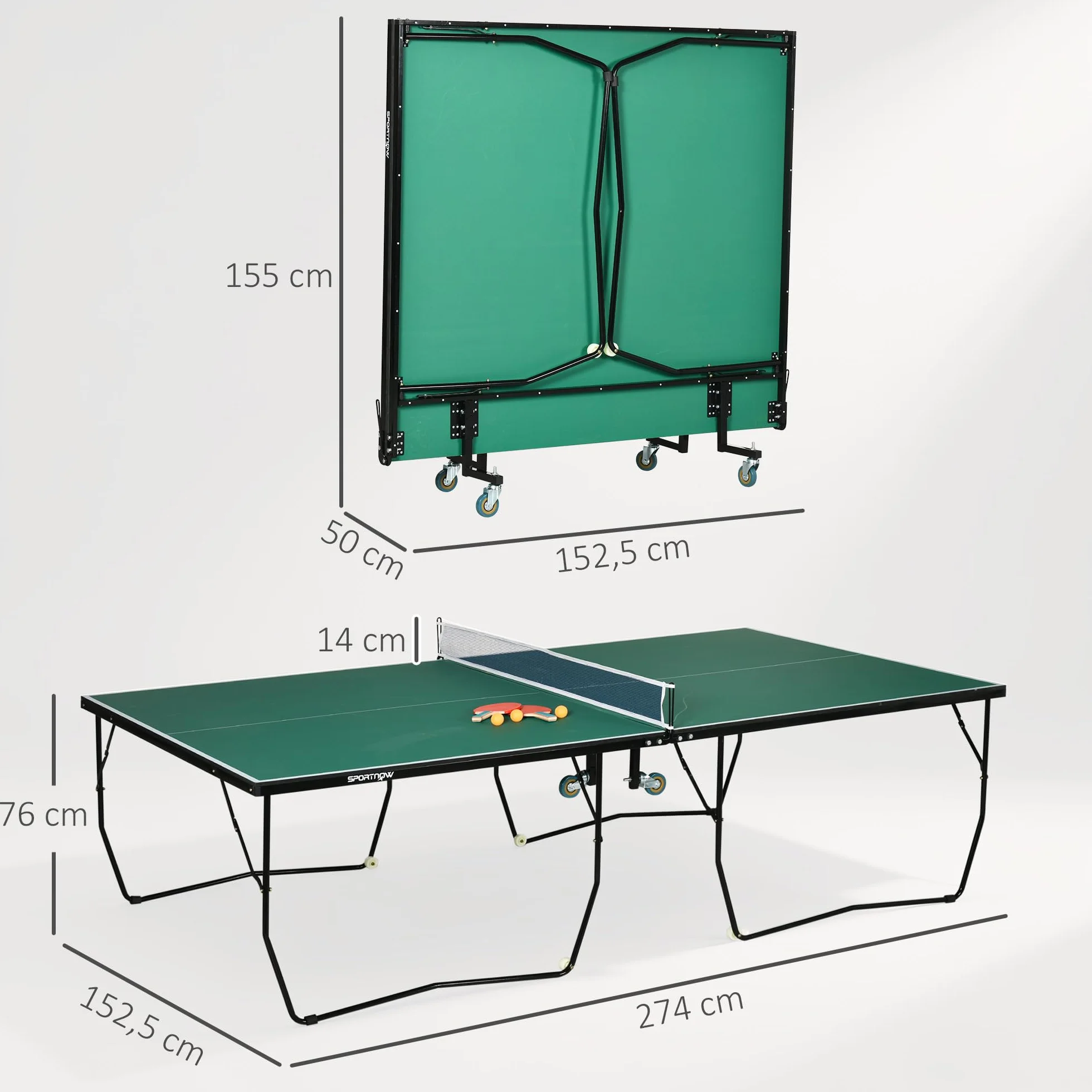 SPORTNOW Mesa de Ping Pong Plegable Profesional Tamaño Estándar con Red Paletas 3 Pelotas 274x152,5x76 cm Verde