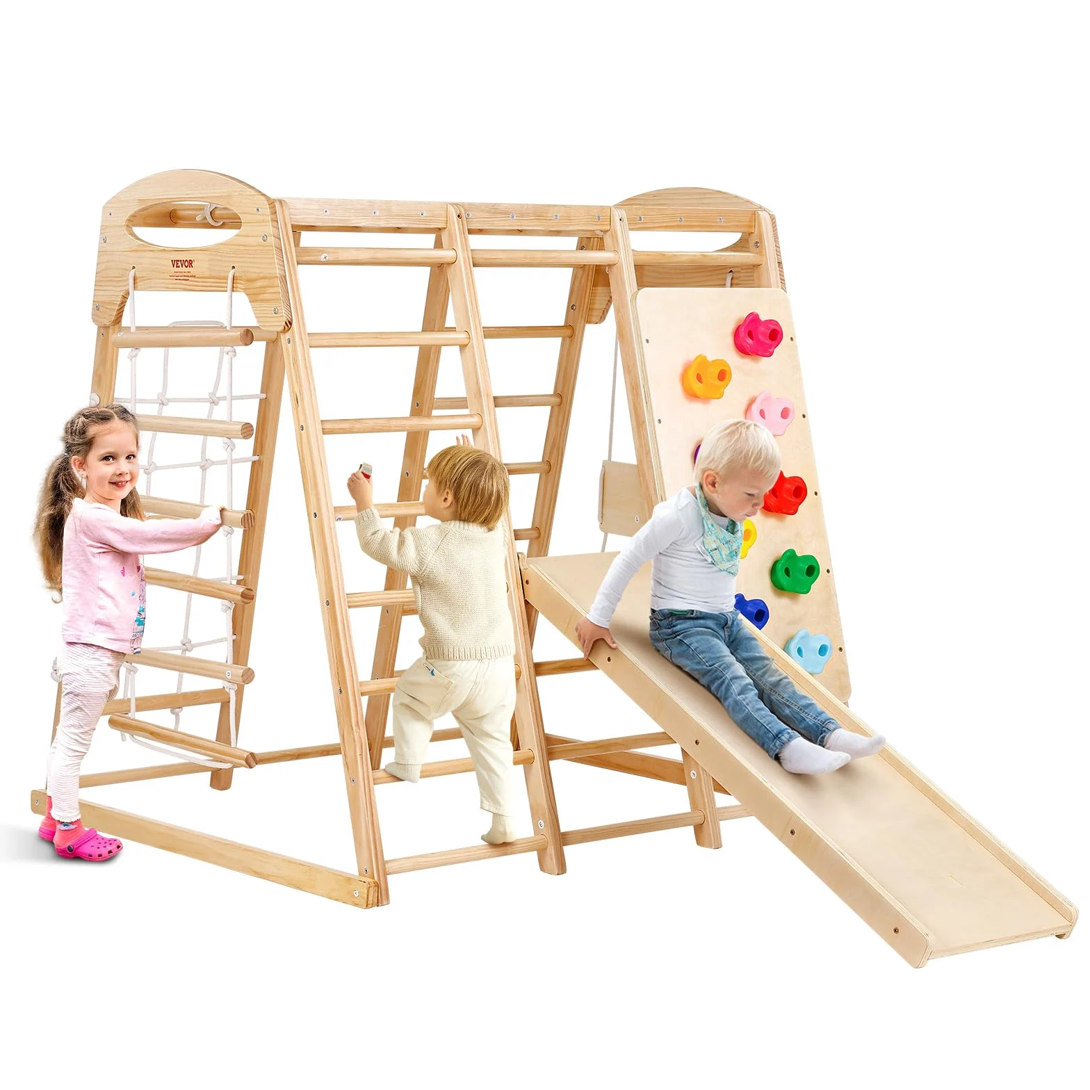 VEVOR Parque Infantil de Interior, Gimnasio de Interior para Niños de Madera, Multifunción con Juguetes de Escalada Tobogán Columpio Barras de Mono Escalera de Malla, Conjunto de Juegos para Niños