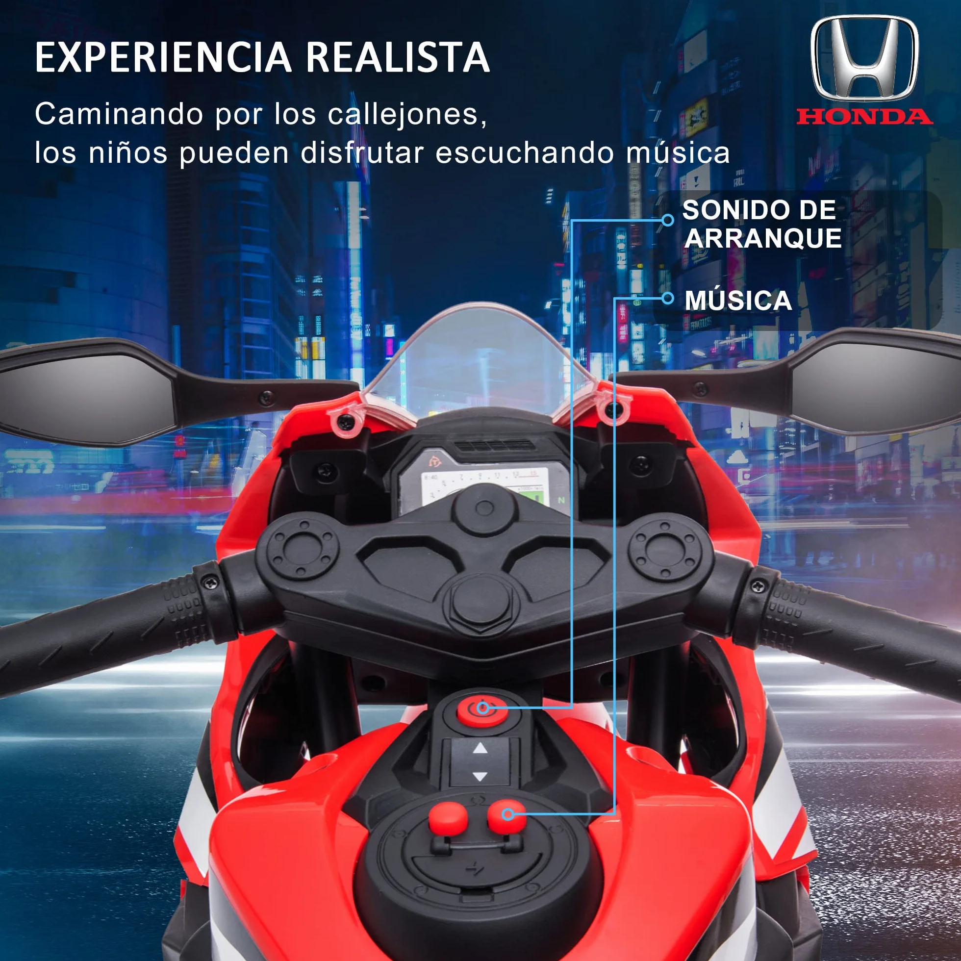 HOMCOM Moto Eléctrica con Licencia Honda para Niños de 3-5 Años Moto a Batería 6V con Faro Bocina Música y Ruedas Auxiliares Extraíbles Carga 30 kg 90x44x52 cm Rojo