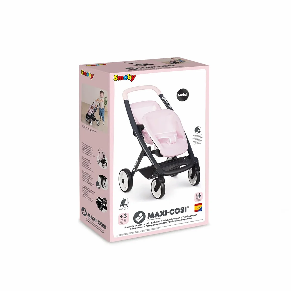 Smoby Maxi-Cosi Cochecito Gemelar Rosa para 2 Muñecas 42 cm Ruedas Silenciosas Multidireccionales