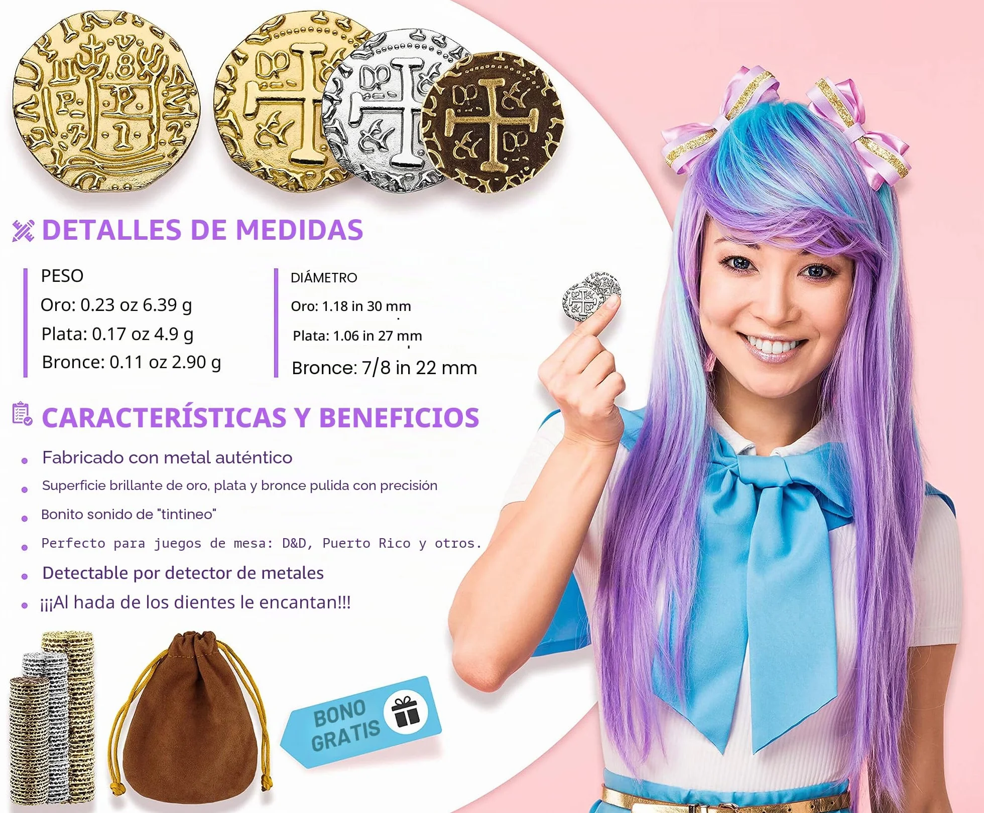Monedas Piratas de Metal - 36 Monedas De Oro, Plata y Bronce para Juegos De Mesa Adulto, Juegos De Mesa Niños, Cofre del Tesoro, DND, Gloomhaven Dinero Falso - Tamaño Mix