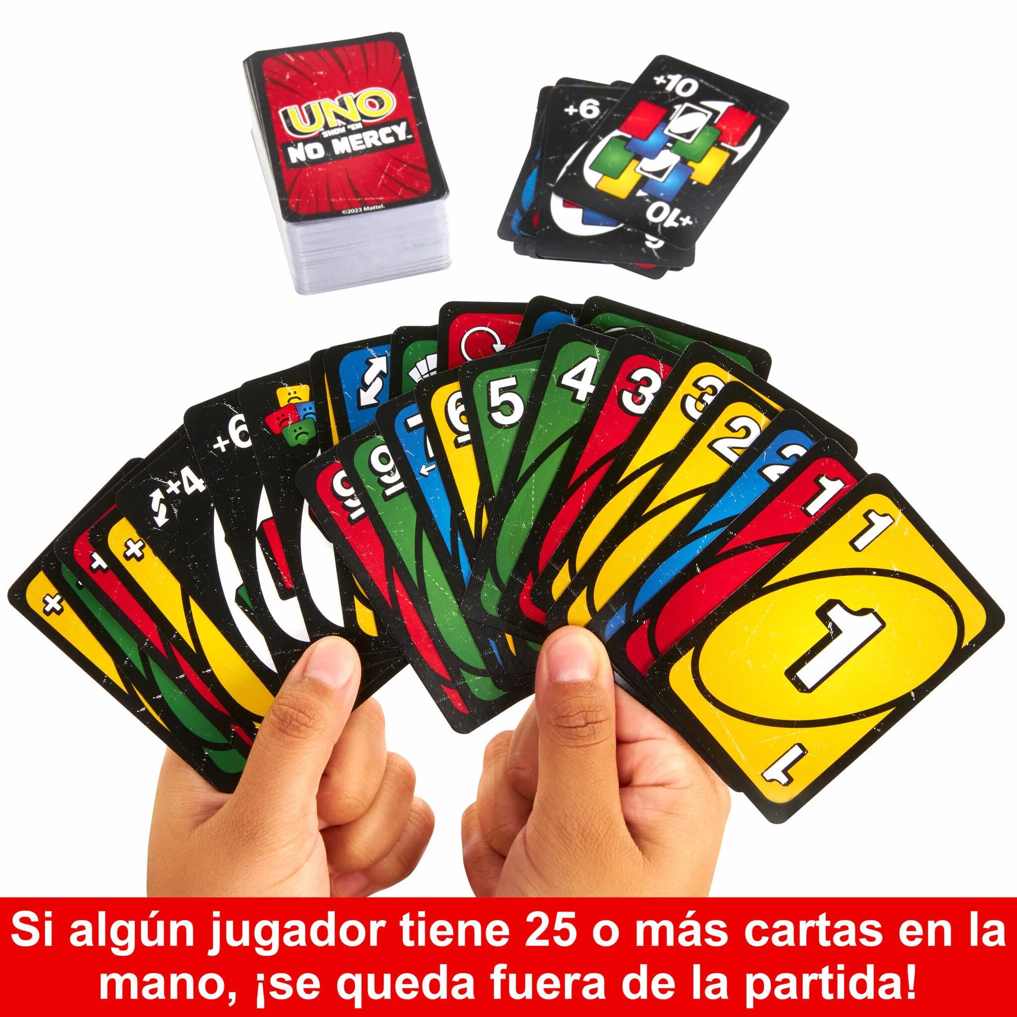 Mattel Games Juego de cartas UNO No Mercy Juego de mesa familiar con cartas nuevas, reglas especiales y penalizaciones más despiadadas, +7 años (HWV18)