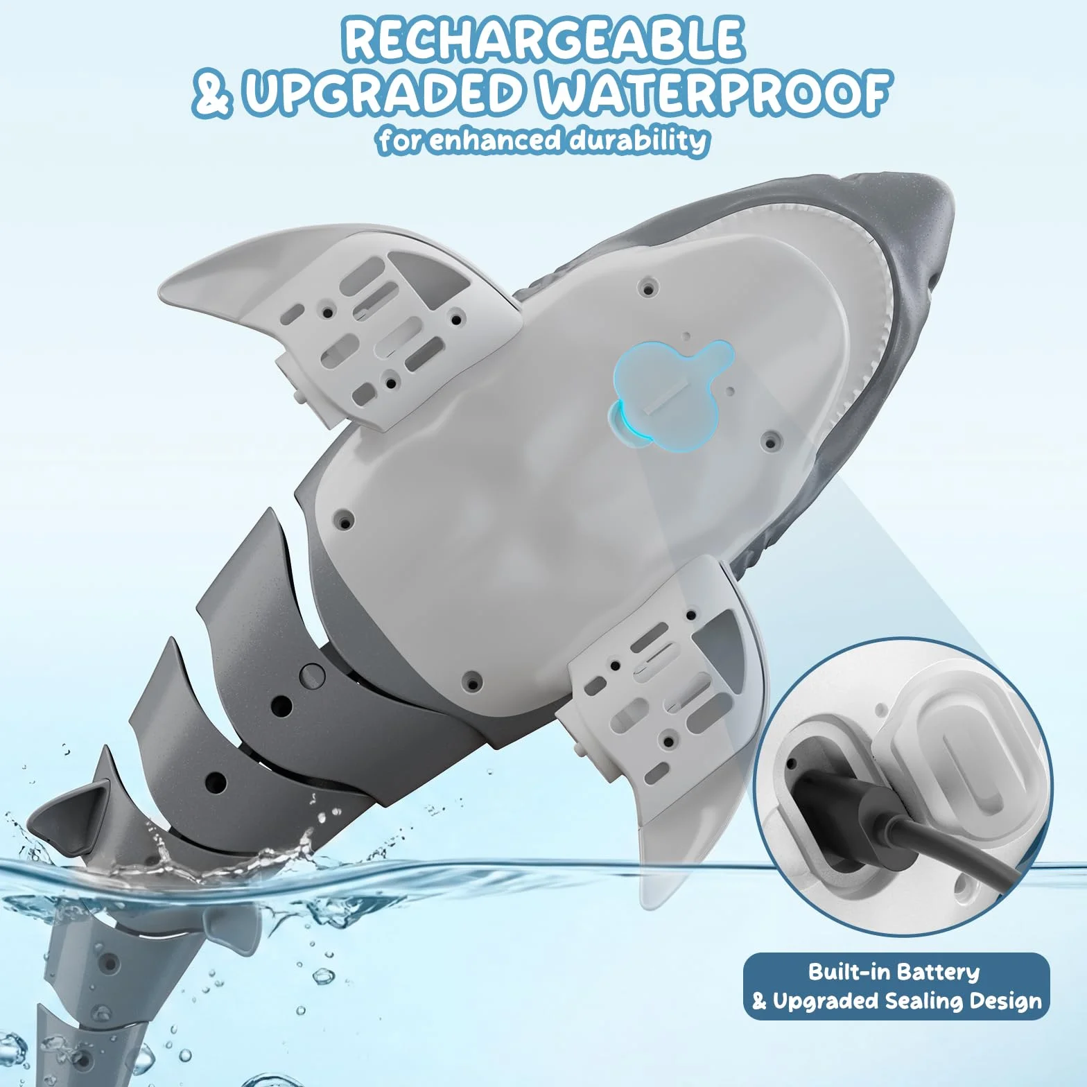 snookids Tiburón Teledirigido Juguete – 2,4 GHz Barco Teledirigido Simulación Shark, USB Recargable, Juguete Piscina con Luz en Ojos y Encendido Automático, Regalo para Niños y Niñas