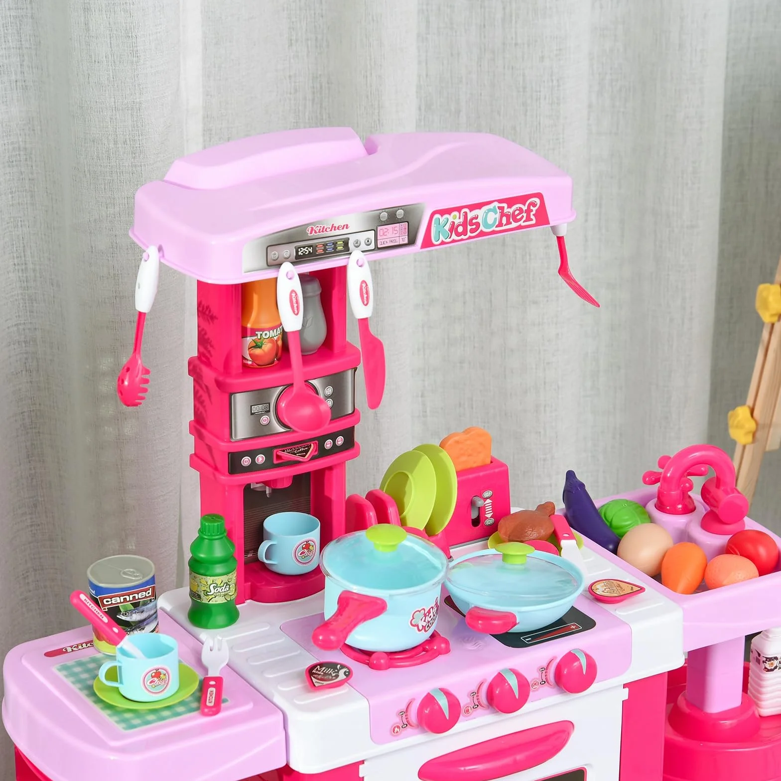 HOMCOM Cocina de Juguete para Niños 38 Accesorios Luz Sonido 78x29x87 cm Rosa