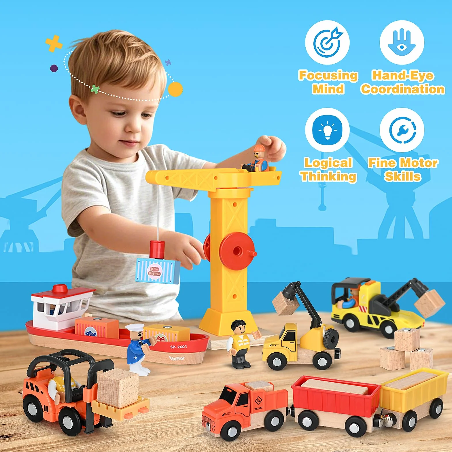 Vanplay Gruas de Juguete Camion Tren Juguete Juego de Juguetes para Vehículos de Construcción, Regalo Construcciones para Niños 3 4 5 Años