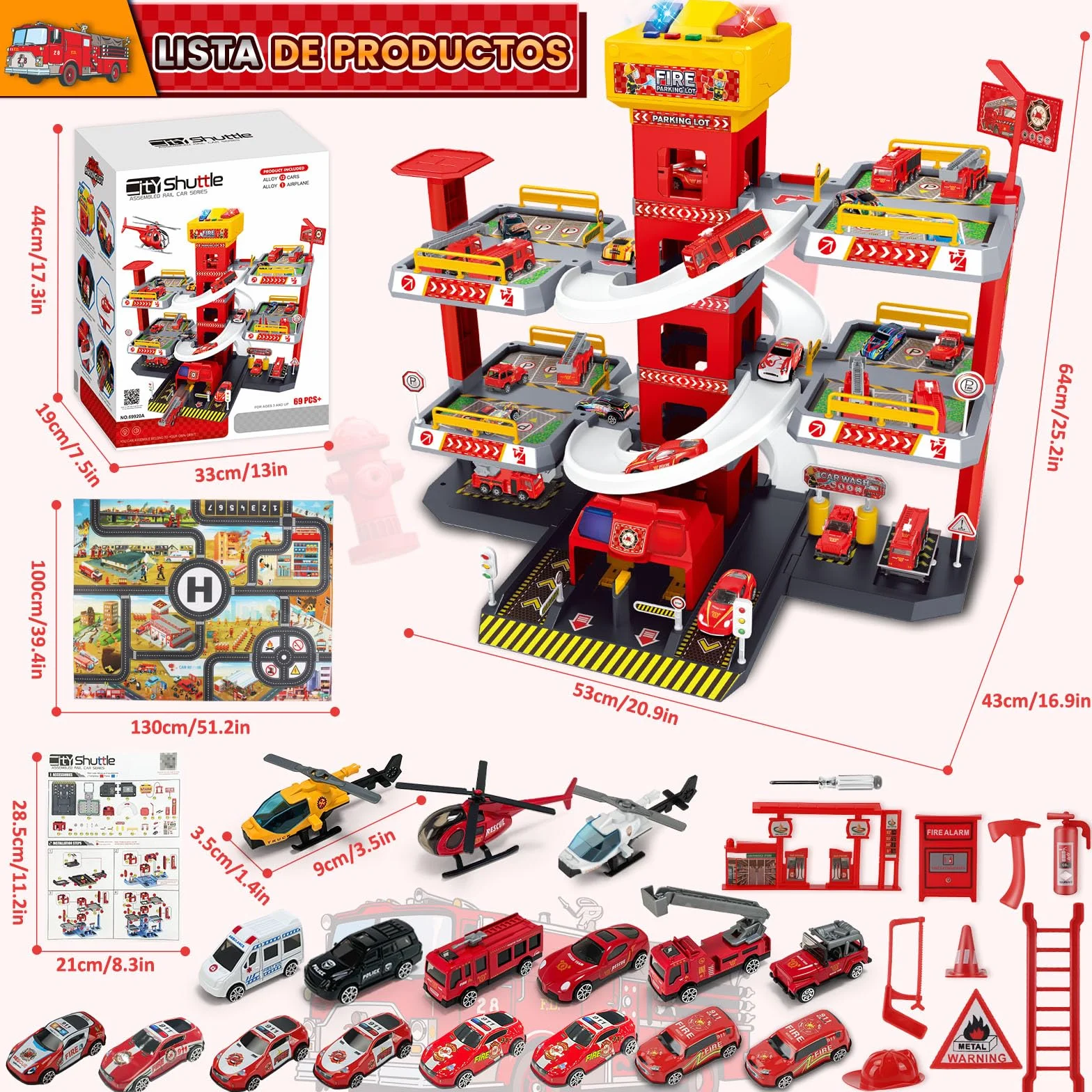 BuzzoXerex 5 Plantas Garaje Coches para Niños, Parking Molto con 14 Coches y 2 Helicóptero, Parking Juguete con Pista de Coches y Ascensor, Educativos Regalos para Niños 5 6 7 8 9 Años (Rojo)