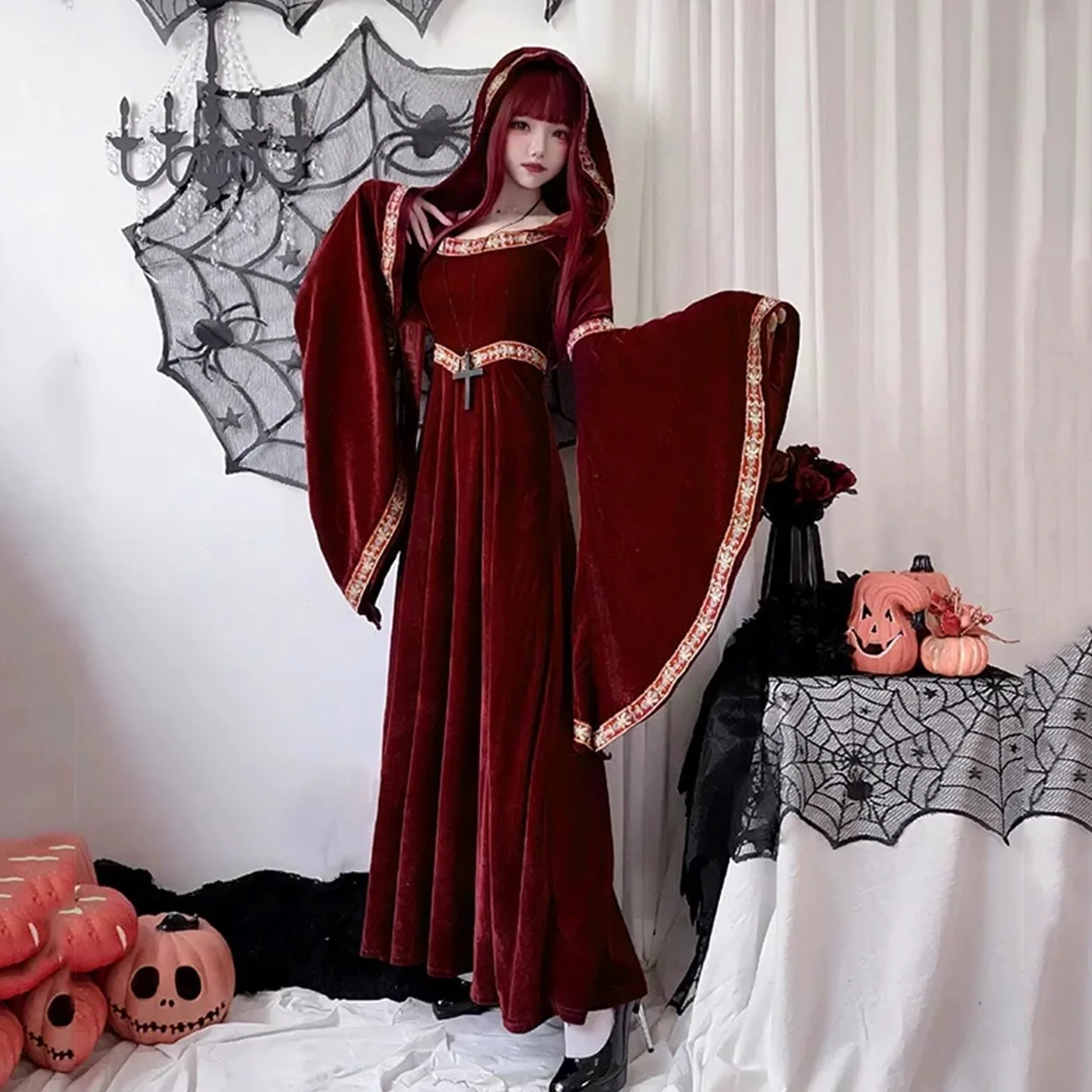 Vestido vintage de bruja Disfraz de vampiro medieval vintage for mujer adulta, vestido bruja largo con sombrero rojo, accesorios escenario