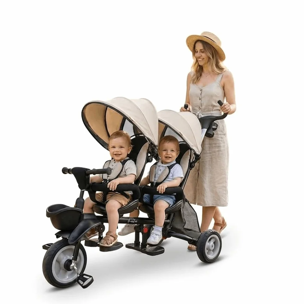 QPlay Triciclo Evolutivo Bebé para Dos | Triciclo para Gemelos o Mellizos, para Bebes Desde 10 Meses hasta los 36 Meses, Paseos en Familia
