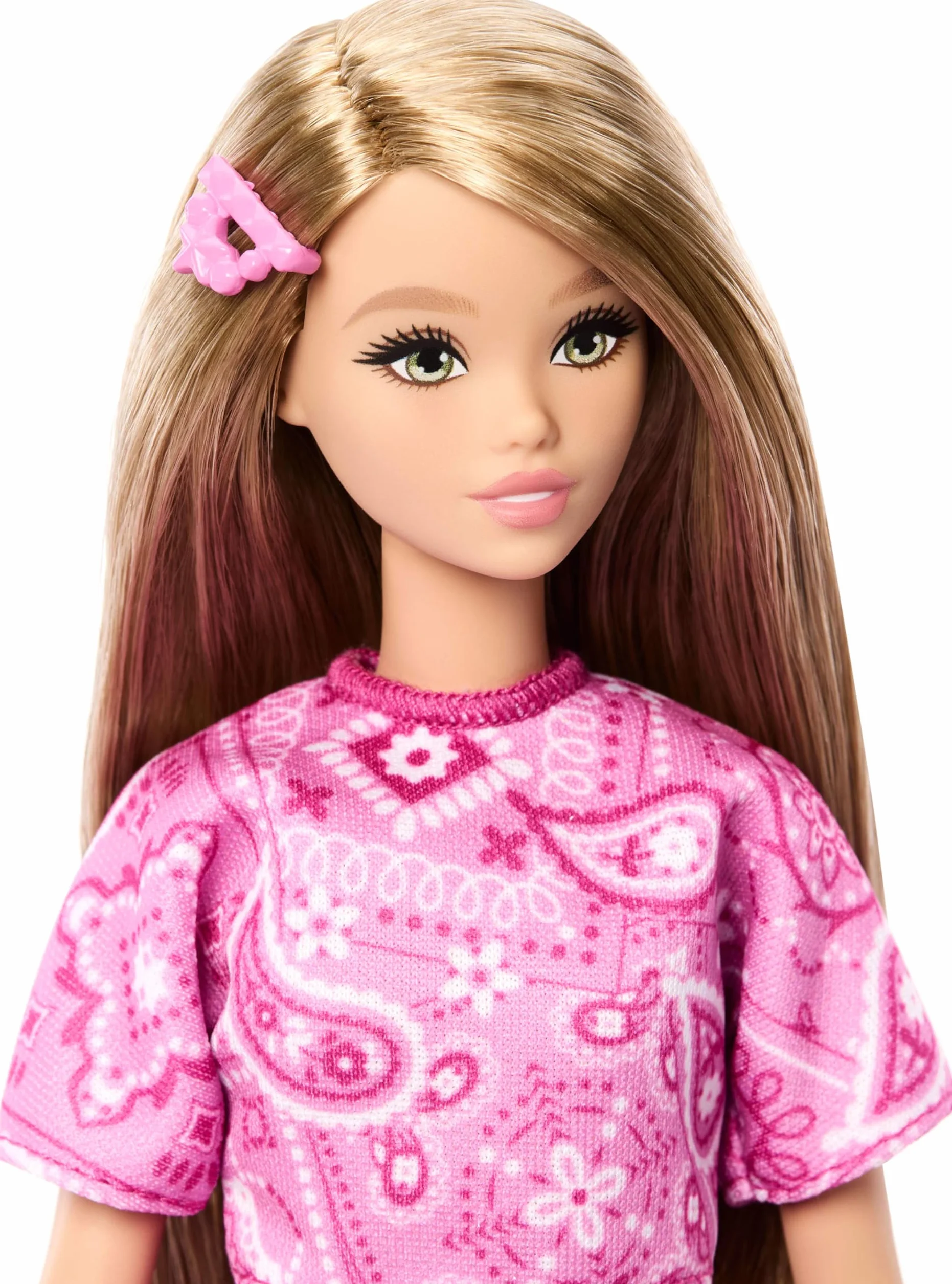 Barbie Fashionistas Style, muñeca n.º 249, con Pelo Rubio, Falda y Camisa con Estampado de Cachemir Rosa y Sandalias Blancas con Plataforma, JJN62