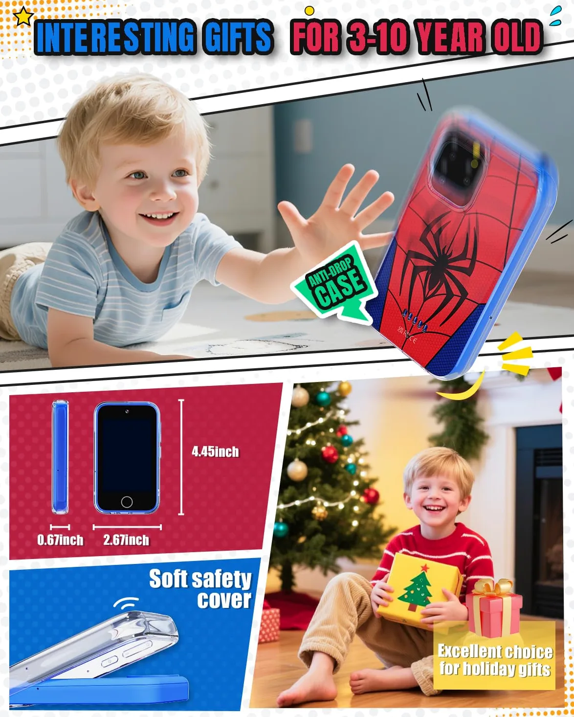Byserten - Teléfono inteligente para niños, visualización táctil de 3.5 pulgadas con doble cámara, juguetes educativos de aprendizaje para niños de 3 a 10 años, regalos de cumpleaños de Navidad