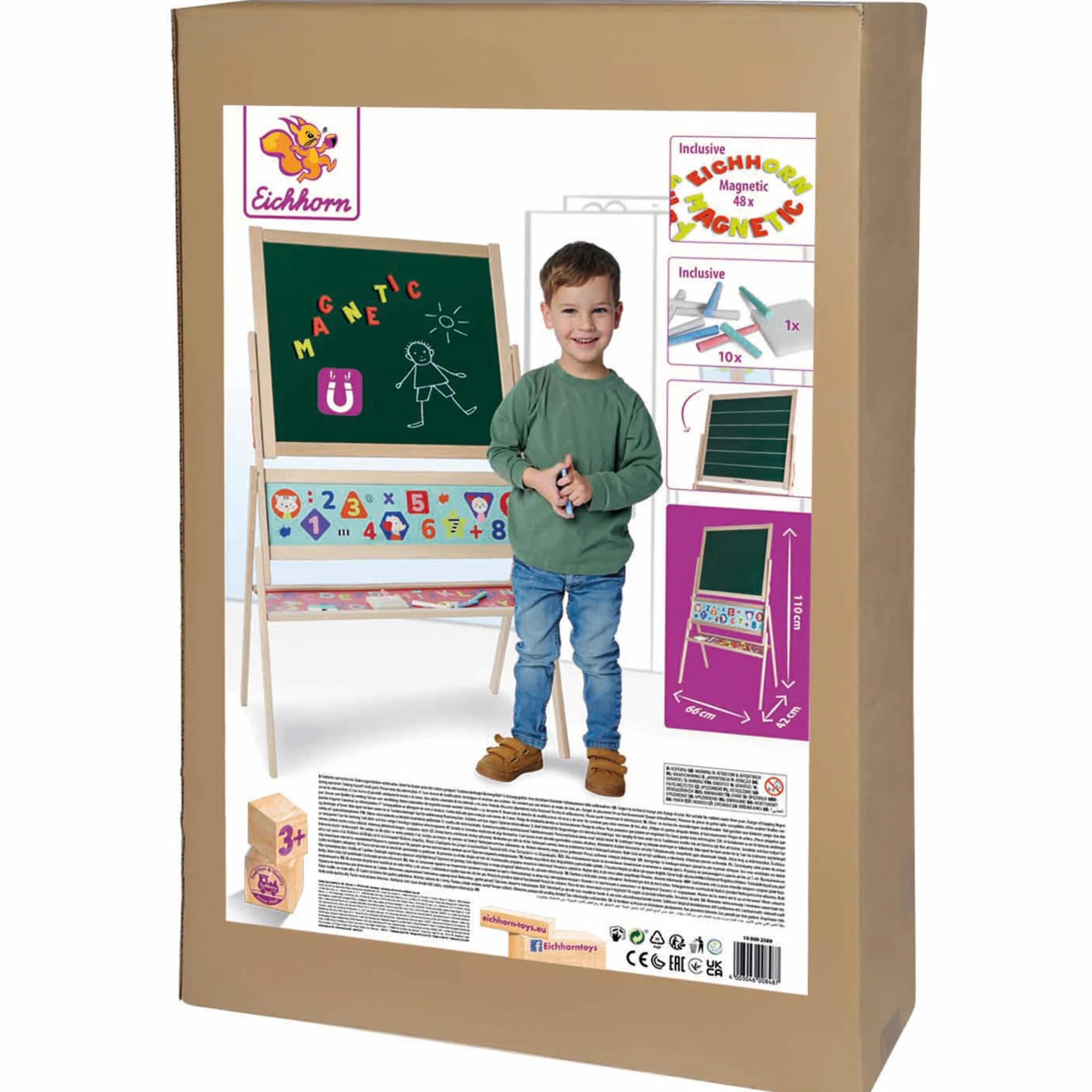 Eichhorn - Pizarra magnética de pie, pizarra infantil con 48 letras magnéticas, 10 tizas, esponja, se puede escribir en ambos lados, con estante, giratorio, 60 piezas, 66 x 110 cm, de madera de haya,
