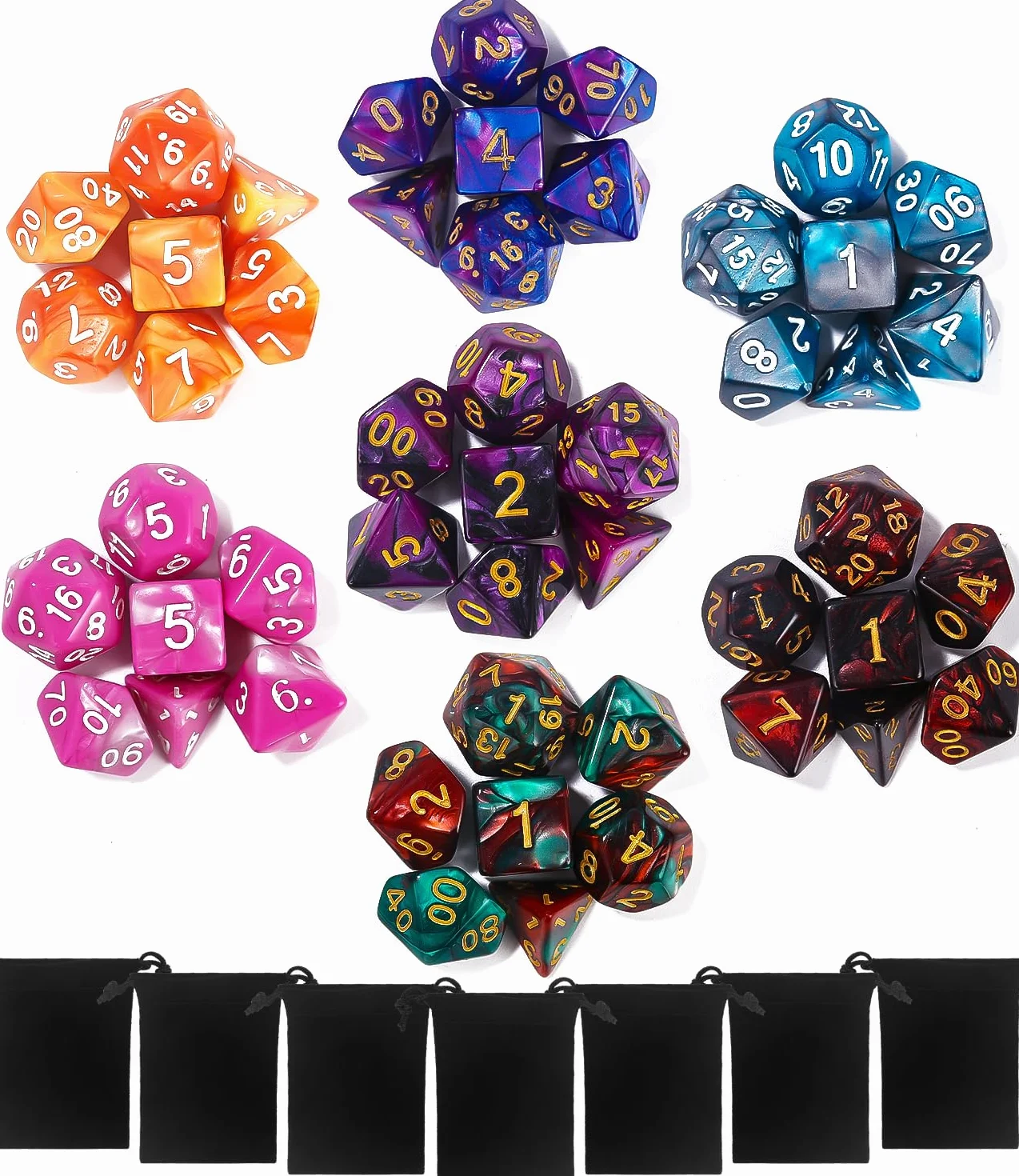 Dados Poliédricos - 49 Piezas con Bolsa Negra para Juegos de Mesa, Dungeons and Dragons, DND, RPG, MTG - D20, D12, D10, D8, D6, D4
