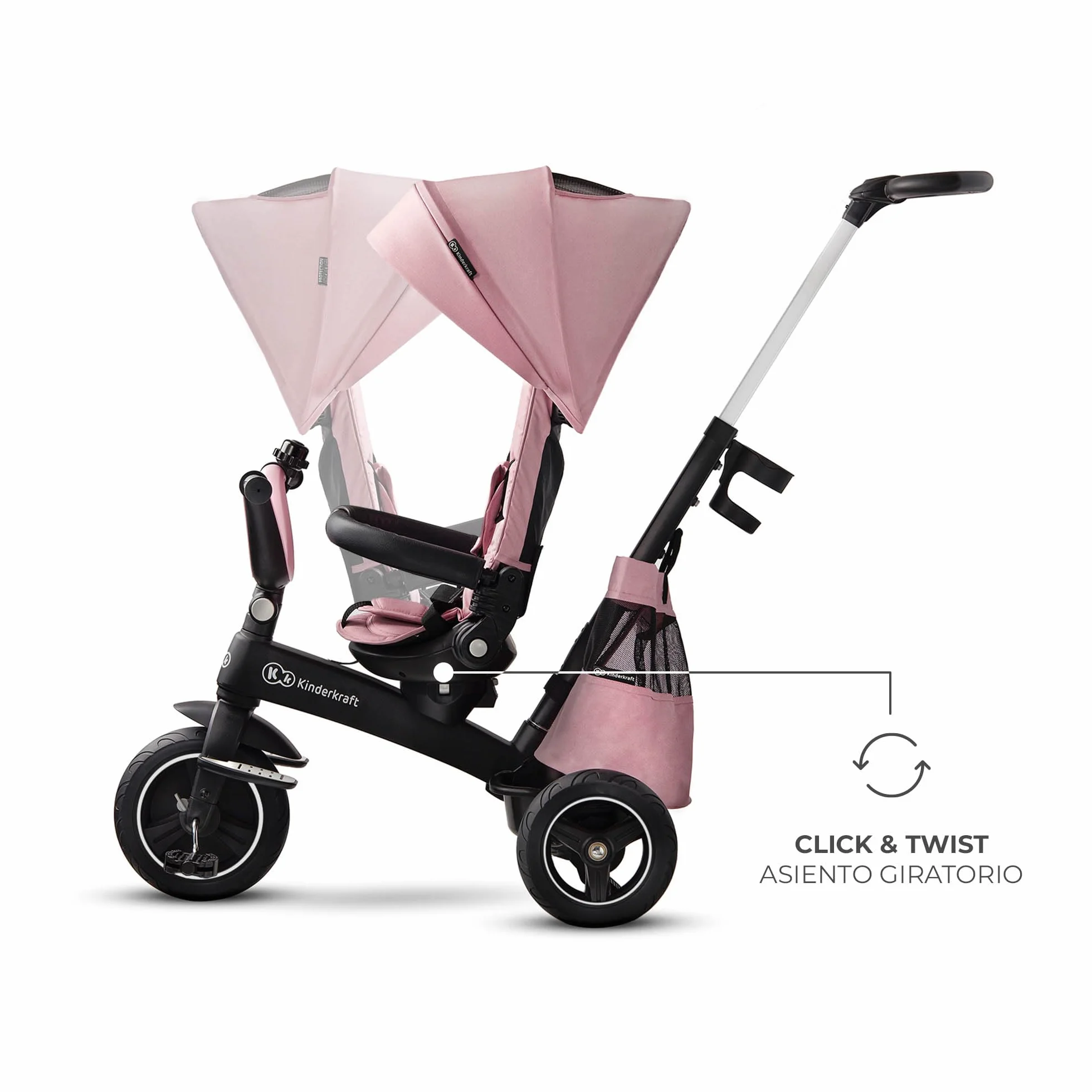 Kinderkraft EASYTWIST Triciclo Infantil, con Accesorios, Ventana de Techo, Cinturones de Seguridad, rotación de 360 Grados, Rueda Libre, Barra de Empuje, a Partir de 9 Meses hasta 5 años, Rosa