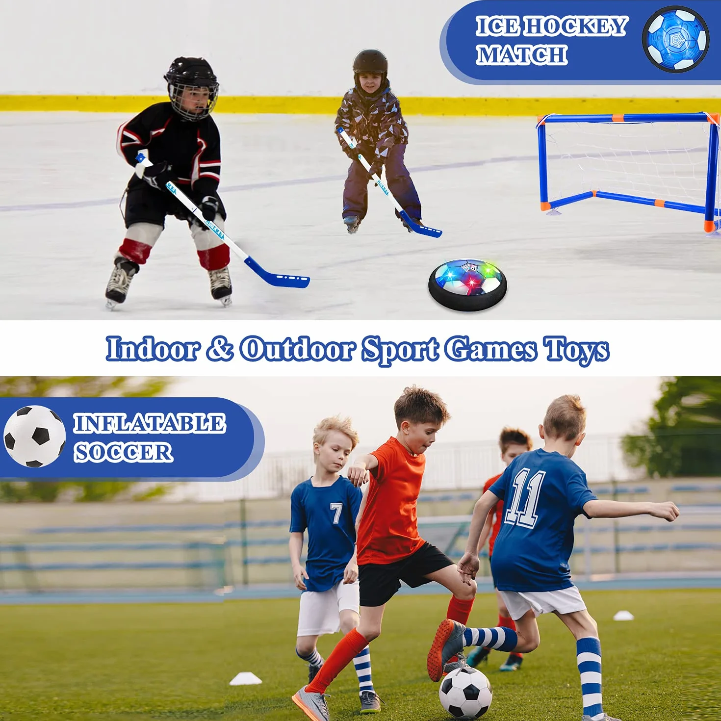 SUNACE 3 in 1 Balón Fútbol Flotant – Recargable Hockey Pelota con 2 Porteria Futbol Niños Air Power Soccer con Protectores de Espuma Suave y Luces LED Juguete Niños para Regalos Cumpleaños Navidad