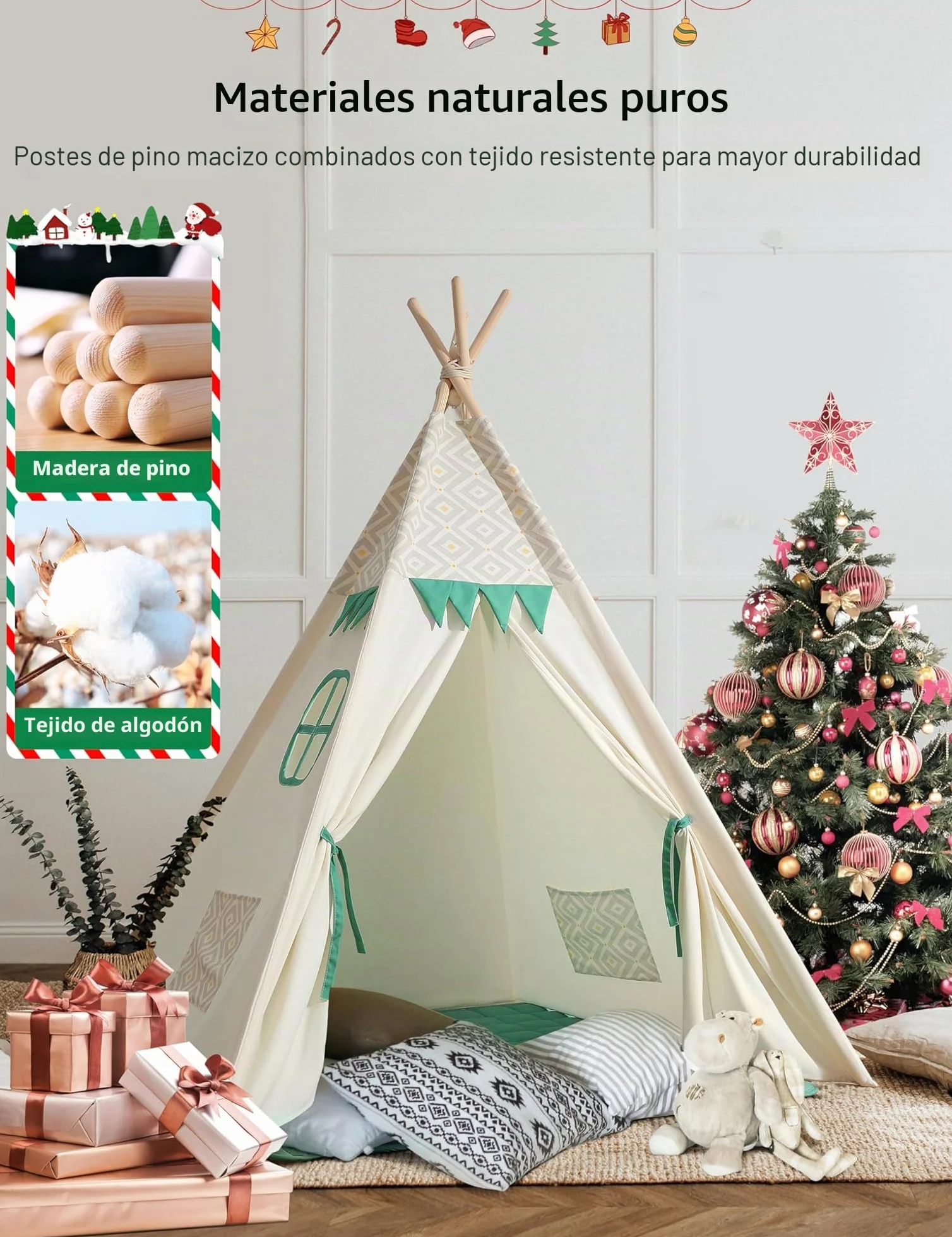 besrey Tipi Infantil Indio para Niños Tienda de Campaña Infantil Canvas Tipi de algodón con Alfombra Acolchado y Luces de Hadas (Verde y Blanco)