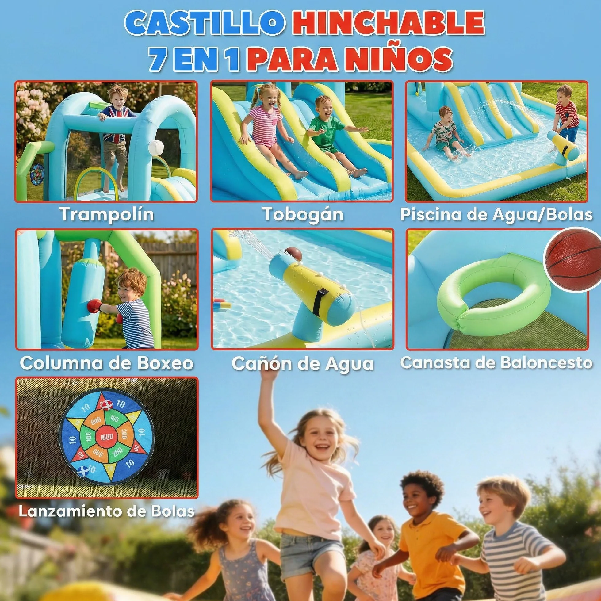 AIYAPLAY Castillo Hinchable Grande Acuático 7 en 1 con Soplador 450W Hinchable para Niños con Tobogán Seco/Agua, Trampolín, Piscina, Canasta, Columna de Boxeo Exterior/Interior 3-8 Años 426x360x198 cm