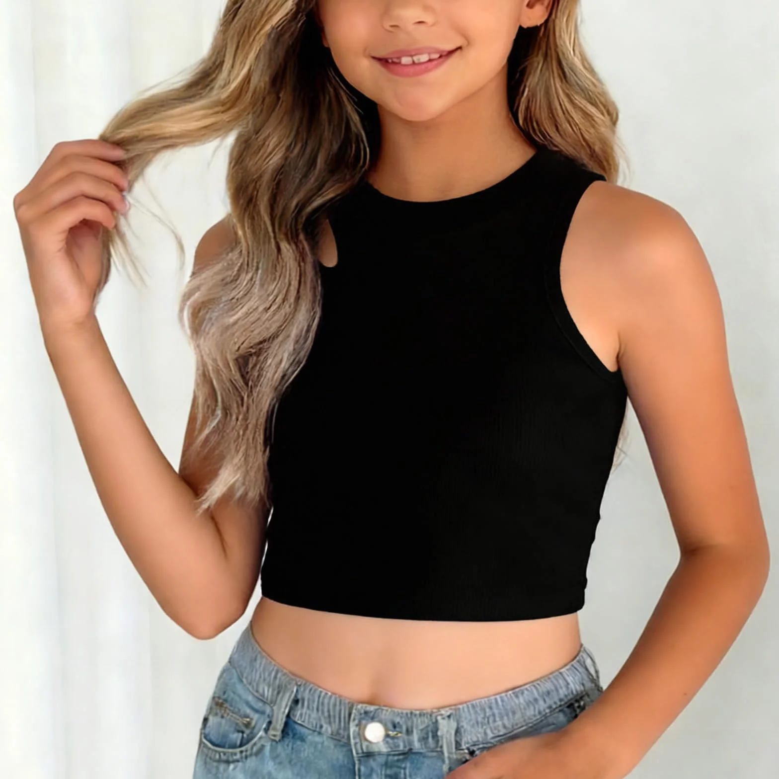 Camiseta deportiva sin mangas para niñas, cuello redondo, hombros descubiertos, para gimnasio y uso diario