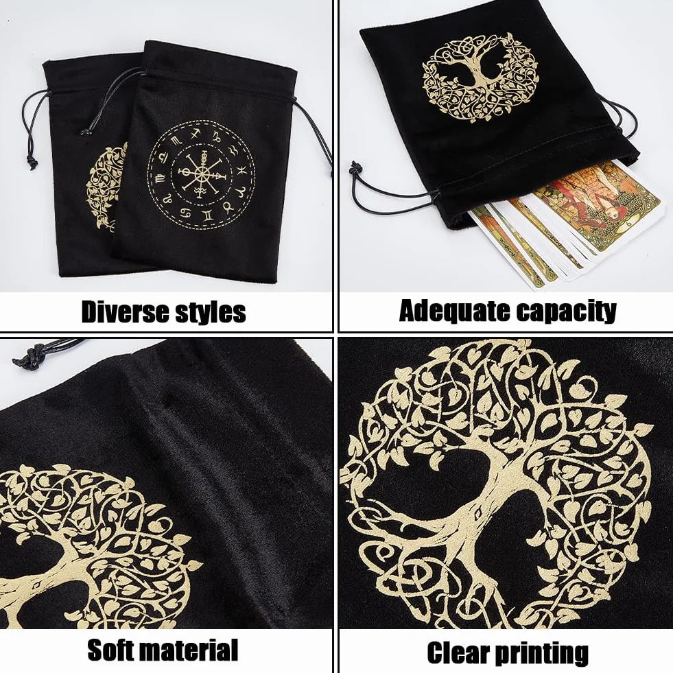 CREATCABIN 2 Bolsa Tarot Terciopelo Almacenamiento Tarjetas Tarot,12 Constelaciones,Bolsa Árbol la Vida,Soporte para Runas con Cordones,Grande para Cartas Tarot,Joyería Cristal,Dados,18x13cm,Negro