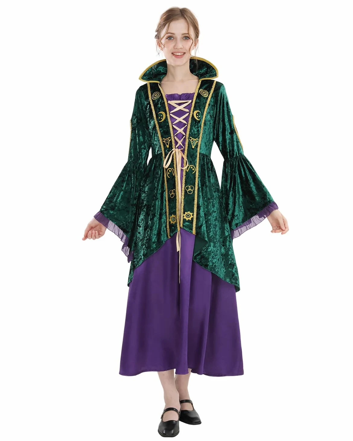 Fiamll Vestido de bruja verde vintage para mujer, vestido de cosplay, con aspecto de terciopelo, para Halloween, carnaval, fantasía, bruja, estilo retro, atuendo para mujeres