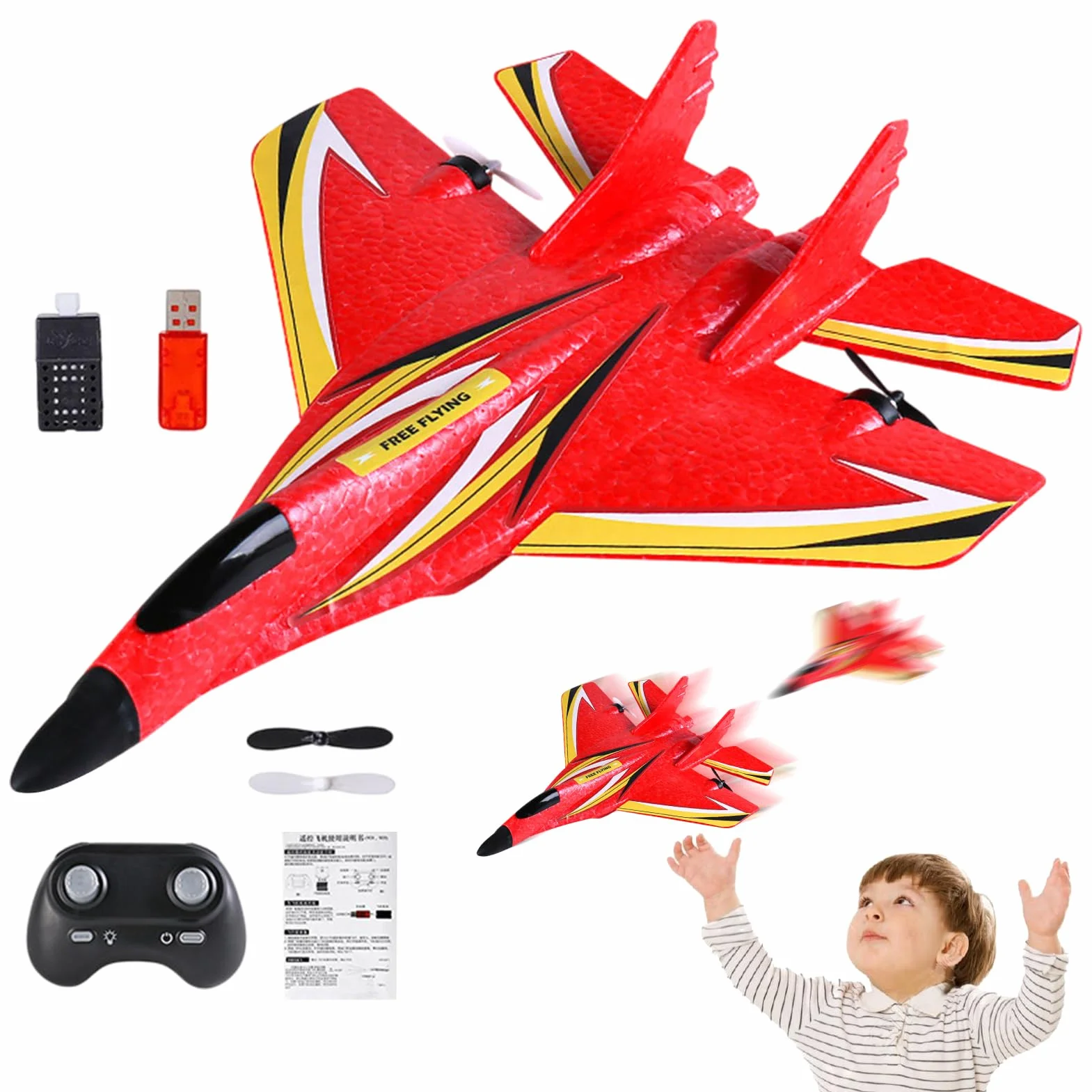 Genérico Avión RC - Kit de avión de Control Remoto con luz LED | Impermeable de 2,4 GHz, Caza acrobático de Doble Motor | Educativo al Aire Libre para niños y Adultos