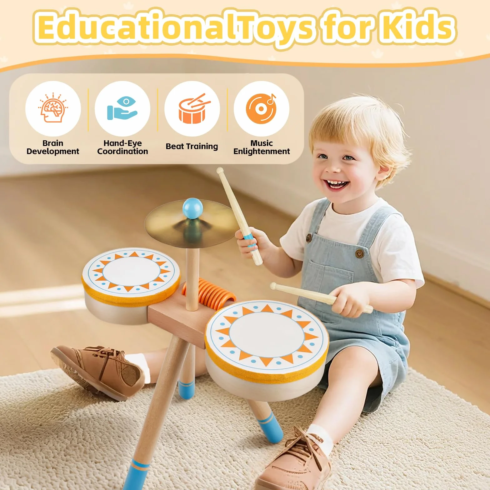 Tambor Montessori para Bebés de 1+ Año | Set de Tambores Educativo de Madera para Niños Pequeños 1-3 Años | Instrumentos Musicales para Bebés, el Regalo Cumpleaños/Navidad para Niños y Niñas