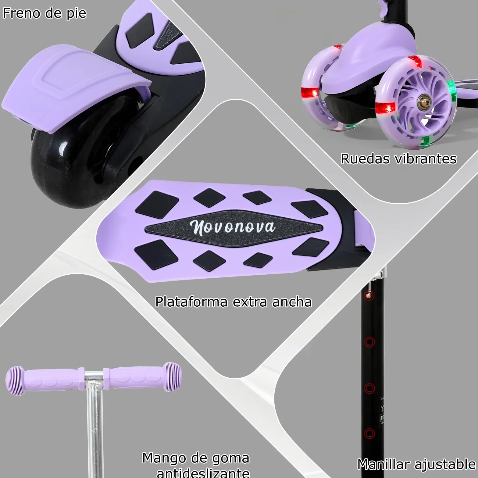 Patinete Scooter Plegable 3 Ruedas para Niños 2-5 Años, Manillar Ajustable 57-72cm, Luces y Freno Posterior, Máx. 50kg