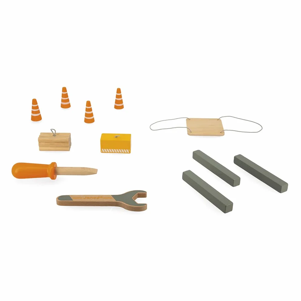 Janod - Grúa Grande de Madera 74 cm - Juguete de Imitación - Juego de Construcción - Rotación 360° y Móvil - 12 Accesorios - Certificado FSC - A Partir de 3 Años, J06468