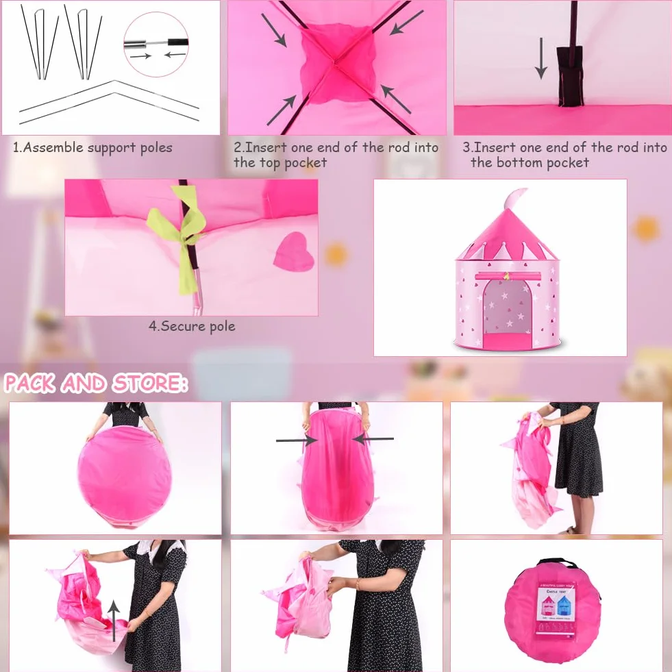 HOTUT Tienda para Niños, Tienda de Campaña Infantil con Leds Cadena, Tienda de Campaña de Princesa con 10 Pegatinas de Tatuajes, Carpa Infantil Plegable para Juegos de Interior y Exterior - Rosa