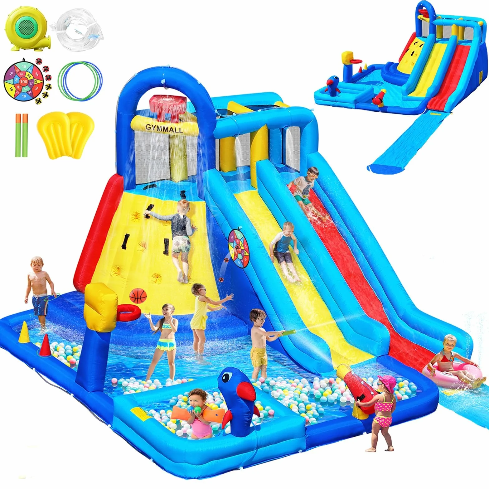 GYMMAL Castillo Hinchable para Niños, Parque Infantil Exterior, con Pared de Escalada y Tobogán Doble - Hinchable para Niños 3-12 Años (4x3,6x2,6m)