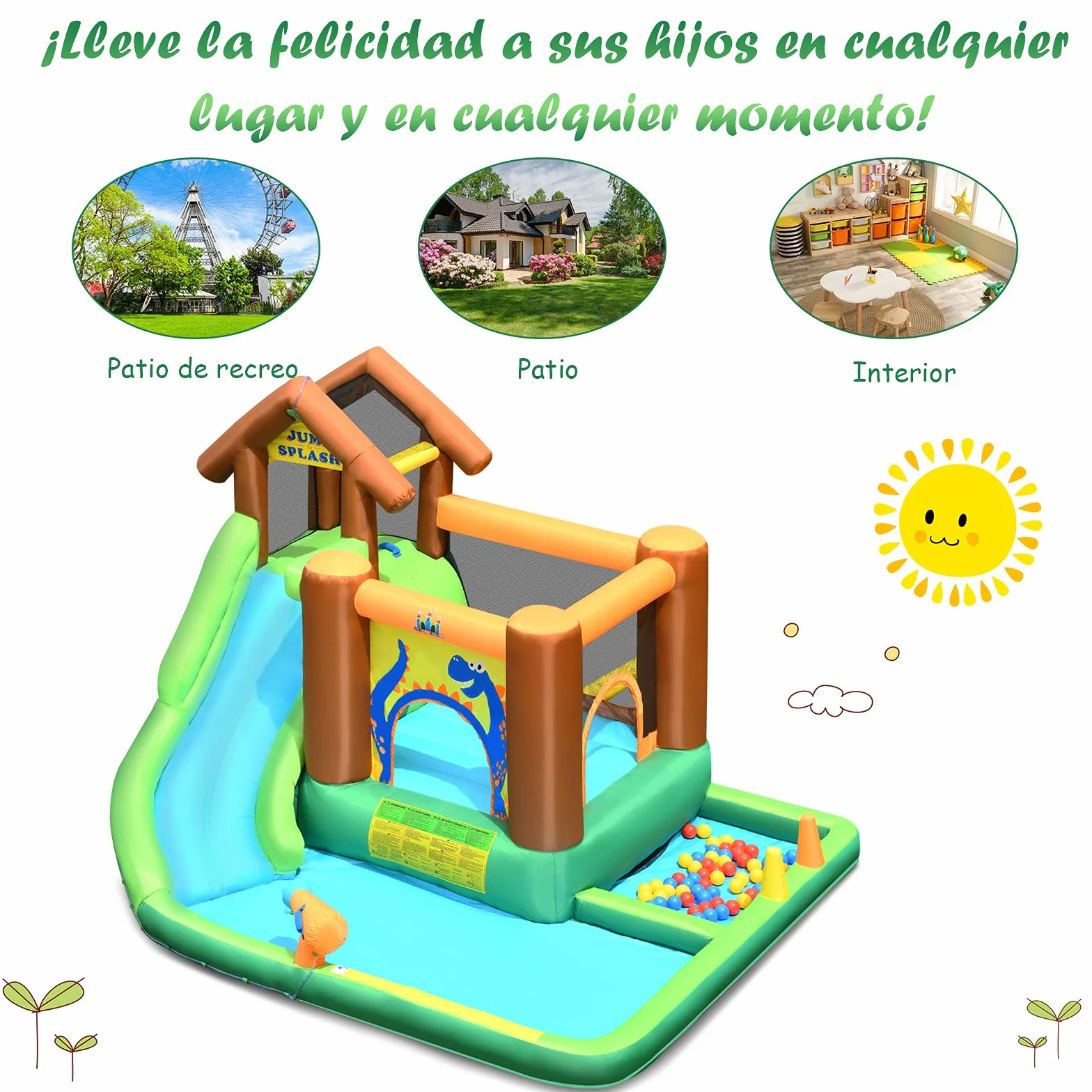 COSTWAY Parque Acuático Inflable con Tobogán, Tobogán Inflable en Tejido Oxford con Piscina Pared para Escalar Hidrante de Agua Casita Piscina con Pelotas, con Compresor