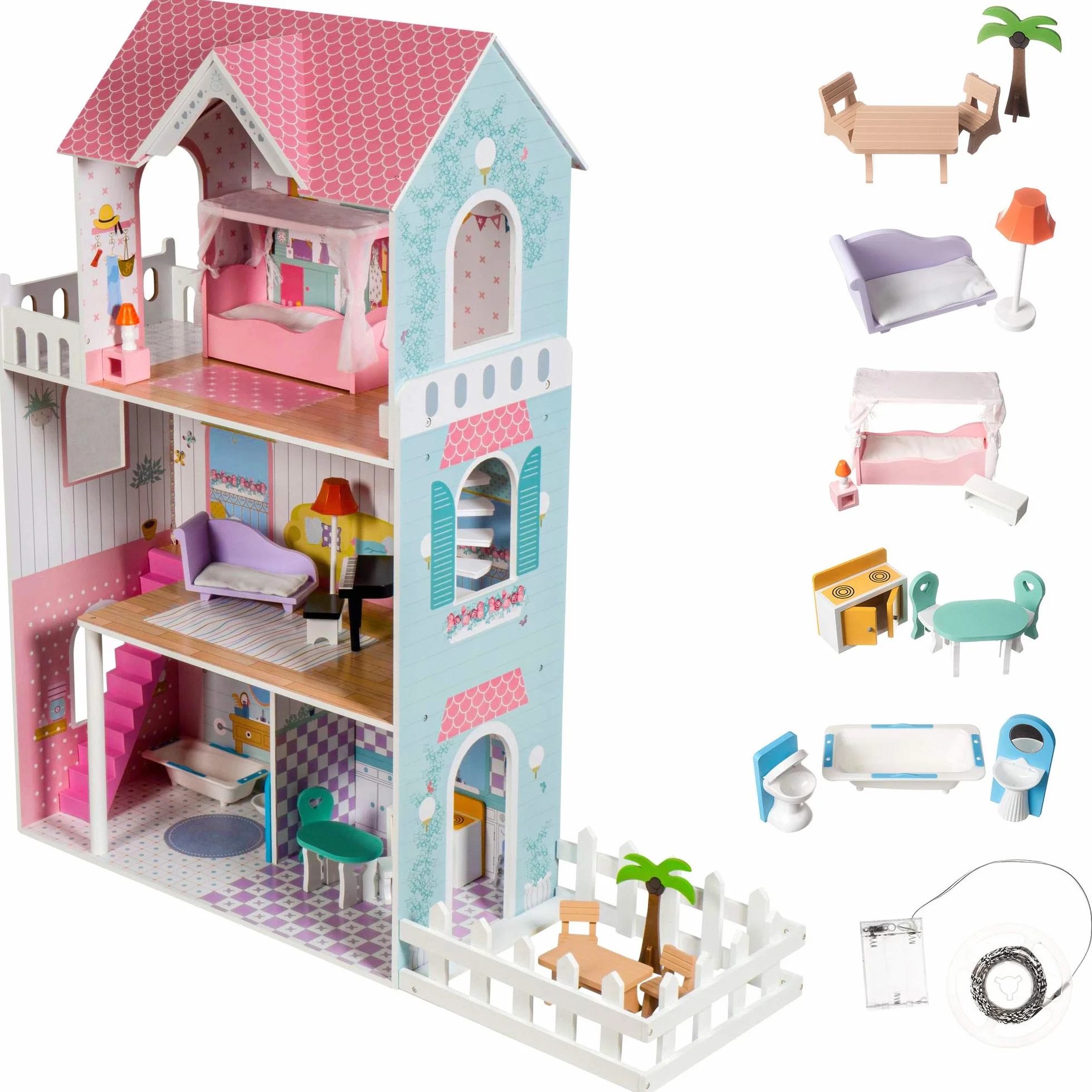 Mamabrum Casa de Muñecas de Madera XXL con LED – Casita de Muñecas de 3 Pisos con Muebles, Jardín y Accesorios – Casa de Barbie de Madera Educativa para Niñas +3 Años