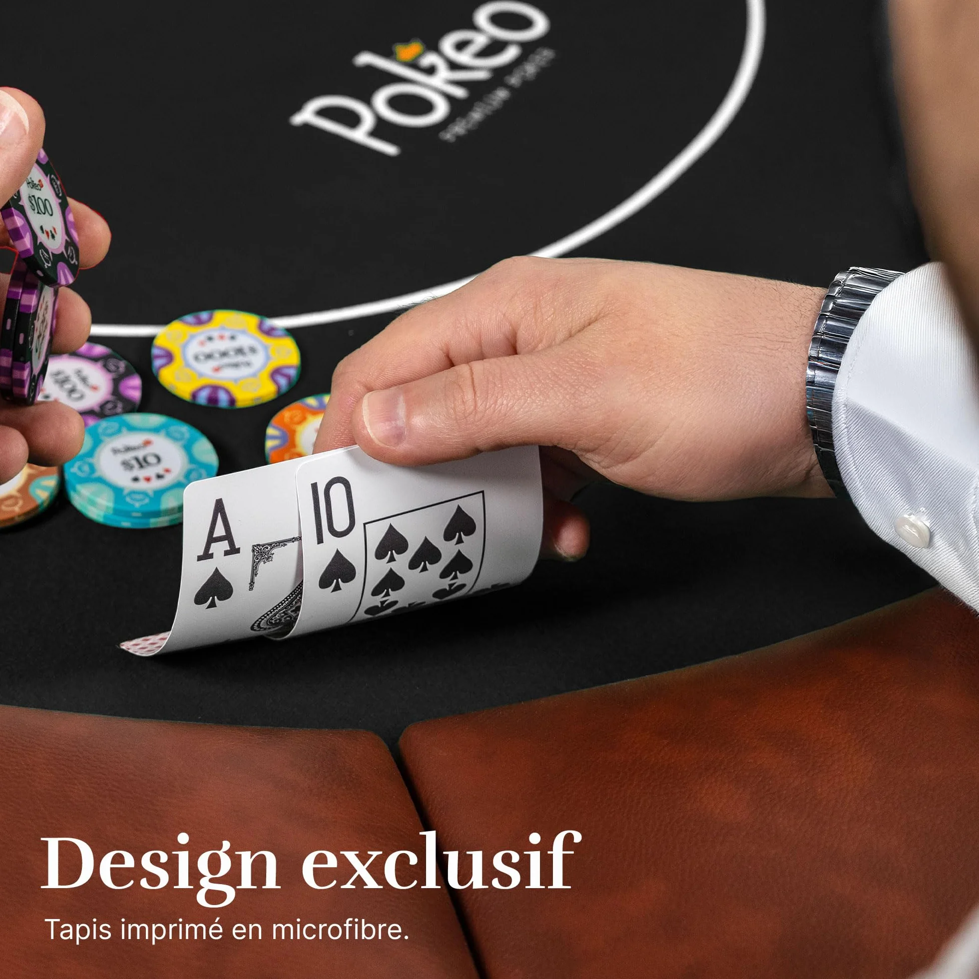 Mesa de Póker Plegable para 10 Jugadores – Tapete Negro – Compacta – Apoyabrazos PU Marrón – 10 Portavasos – Texas Hold'em Blackjack