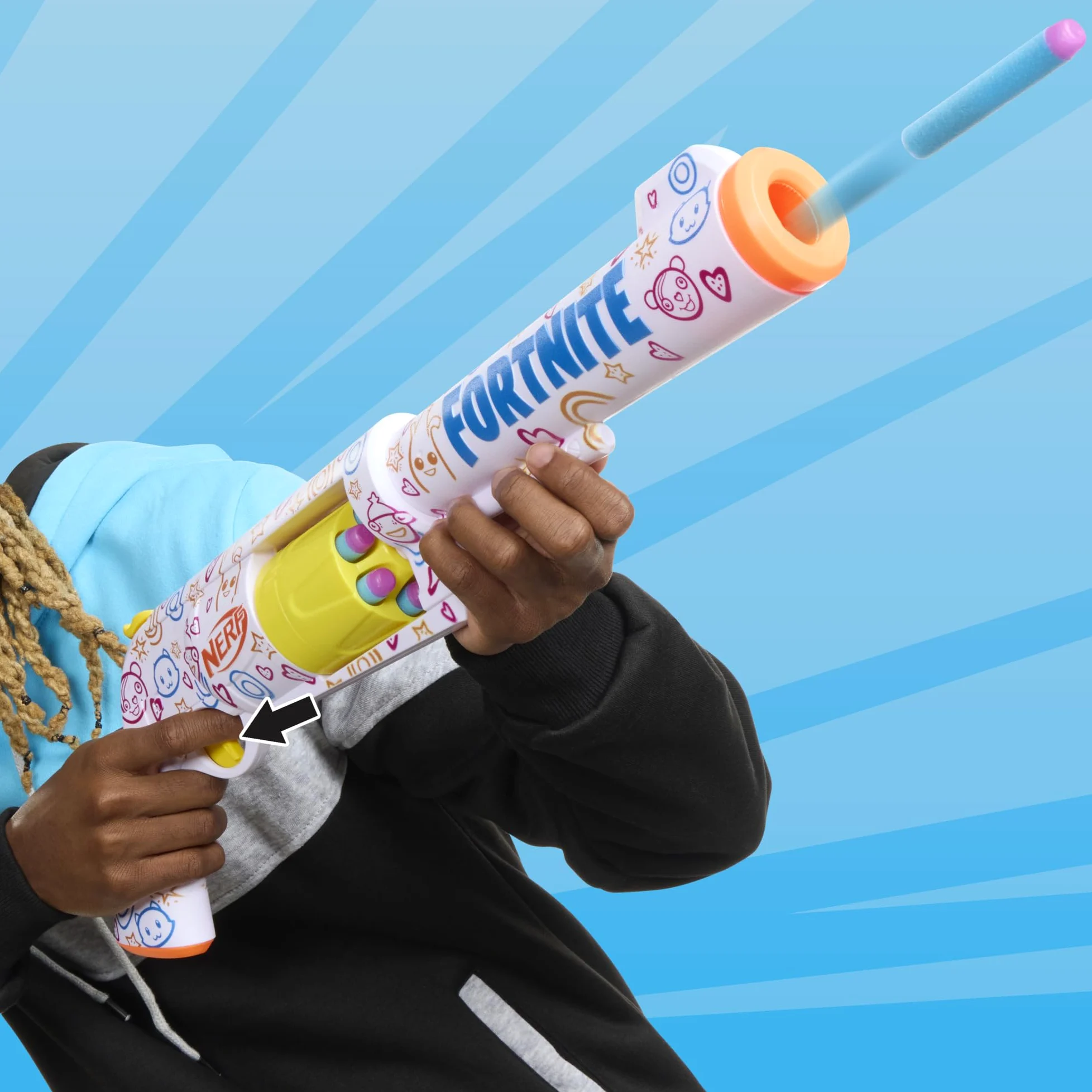 Nerf Fortnite Frenz 4 Ever Blaster, código de bonificación para desbloquear Frenz 4 Ever Wrap en el Juego, 6 Dardos Elite, Tambor de 6 Dardos, Regalos de Fortnite