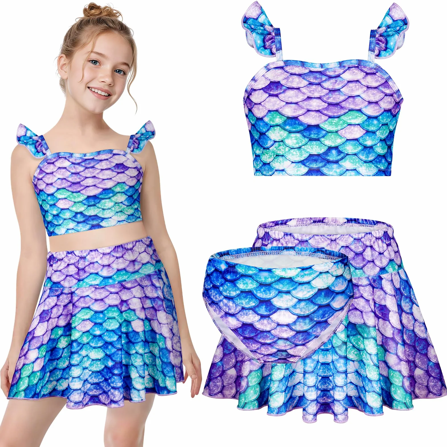Conjunto de Bikini para Niñas 3 Piezas Traje de Baño con Volantes y Falda Bañador Infantil Playa