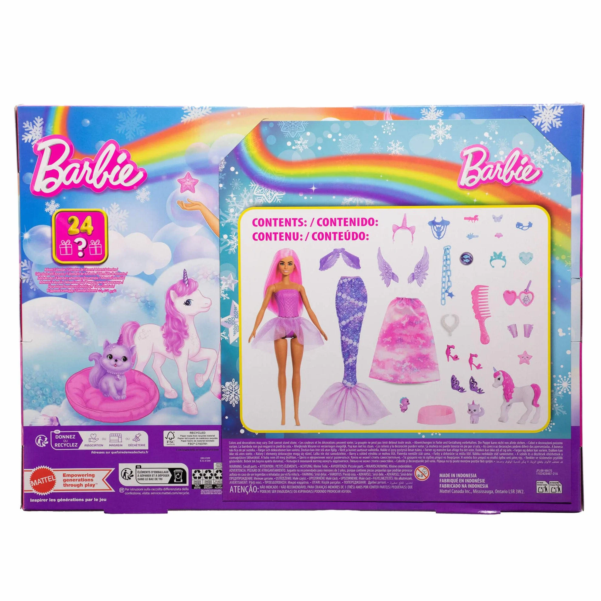 Barbie Calendario de Adviento con muñeca y 24 accesorios sorpresa de juguete, como un unicornio y mascotas, muñeca de moda que se convierte en sirena, hada y mucho más, JFL66