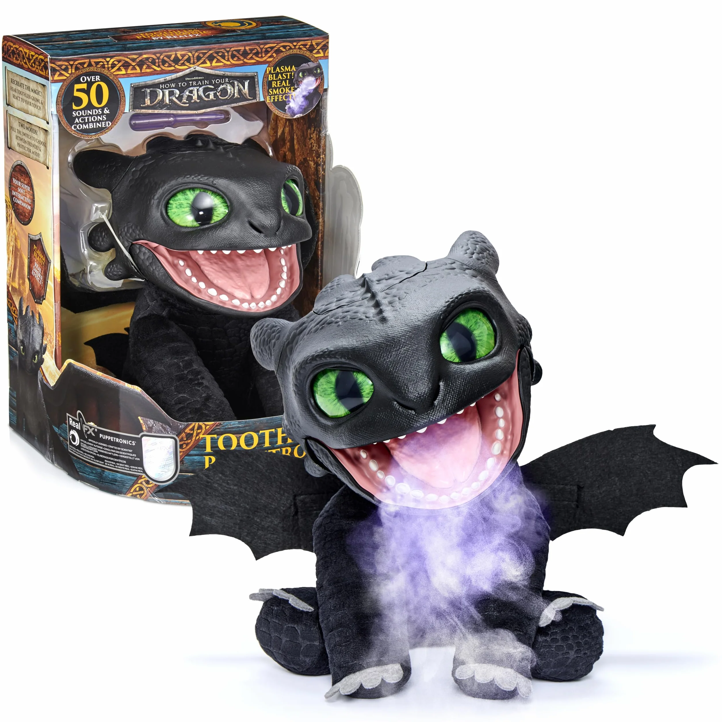 WOW! STUFF HTTYD Toothless Puppetronic de RealFX, Amazing Animatronic Toothless con certificación de Primera edición, se ve, se Siente y Suena Real!, más de 50 Combinaciones de acción y Sonido, 25,5
