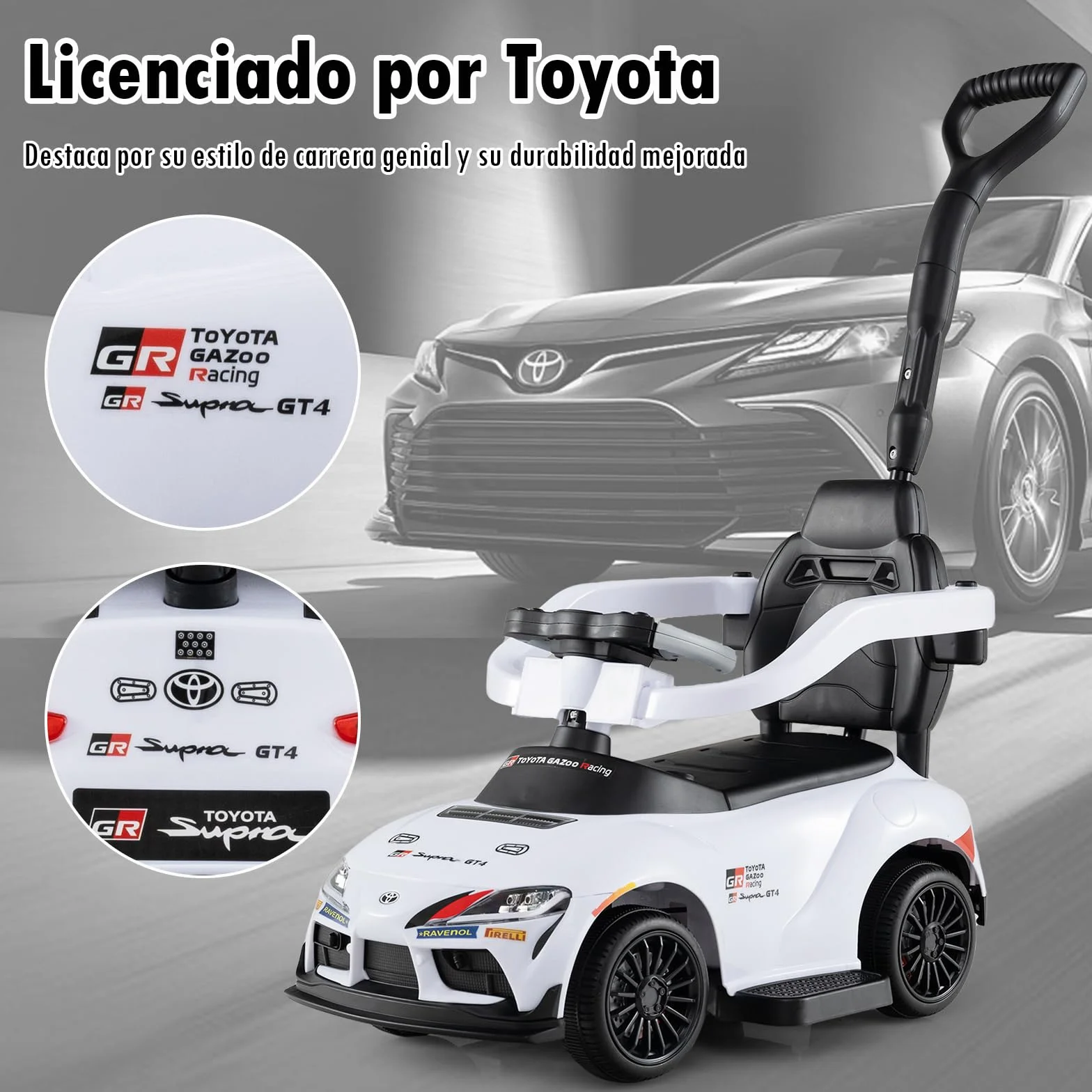 GOPLUS Correpasillo 3 en 1, Coche Correpasillos para Niños con Barra de Empuje, Barandilla de Seguridad Desmontables, Volante con Sonido y Música, Almacenaje bajo Asiento, para 1,5-5 Años (Blanco)
