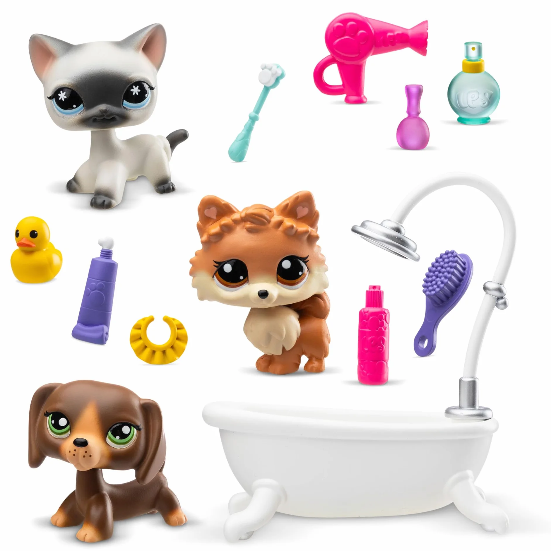 BANDAI - Littlest Pet Shop - DÍA DE SPA BF00638, 3 Mascotas, 10 Accesorios, 1 Tarjeta de coleccionista, 1 código Virtual, Generación 7 Mascotas 172, 173, 174, Figuras de LPS, a Partir de 4 años