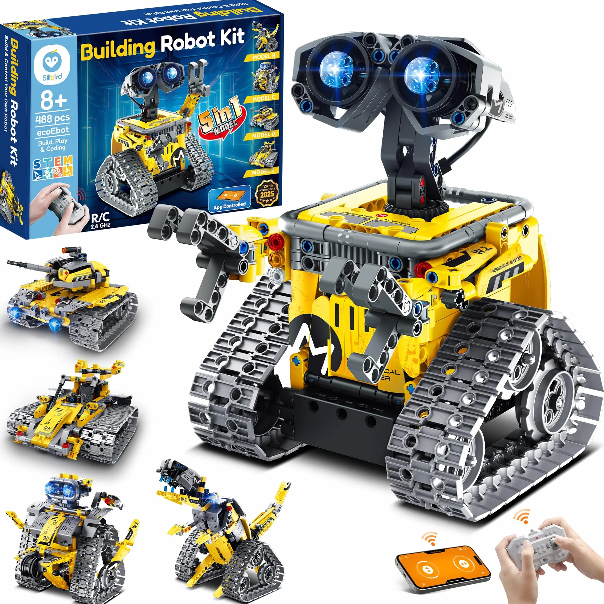 Sillbird 5 en 1 Kit de construcción de Robots con Mando a Distancia Stem Regalos para niños de 8-13 años, Codificación Juguetes Robóticos para Niños Cumpleaños（488 Piezas）
