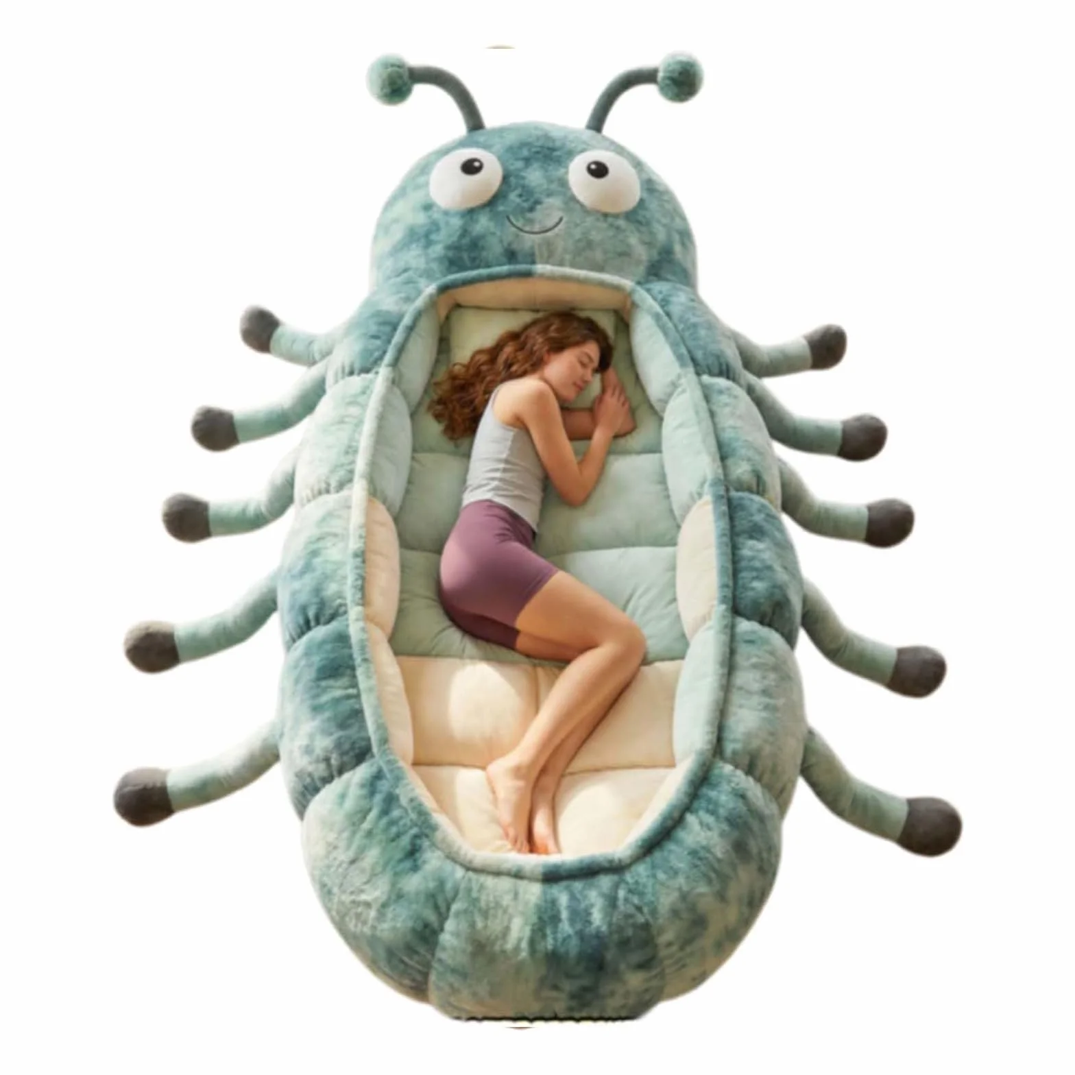 Hugging Caterpillar Sacos de dormir – Tumbona de cuerpo completo de felpa para adultos, cápsula de siesta interior, sistema de abrazo de cordón, nido de lectura acogedor, saco de dormir convertible