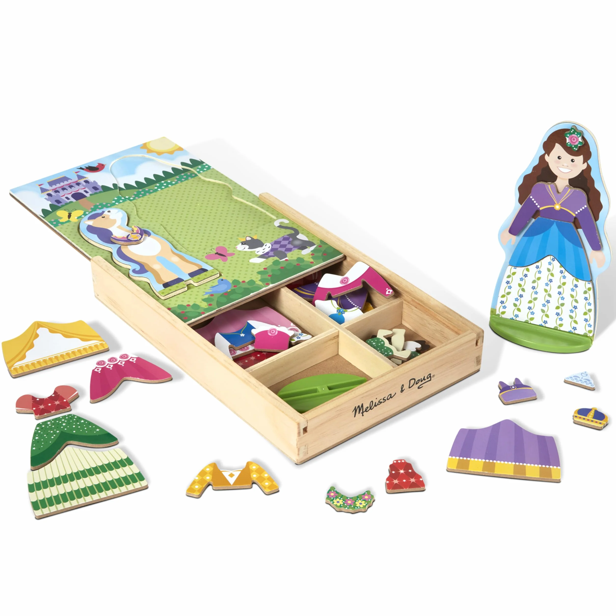 Melissa & Doug - Juego de imitación, de muñecos de madera para vestir con piezas magnéticas - Princesa y caballo (35 piezas)